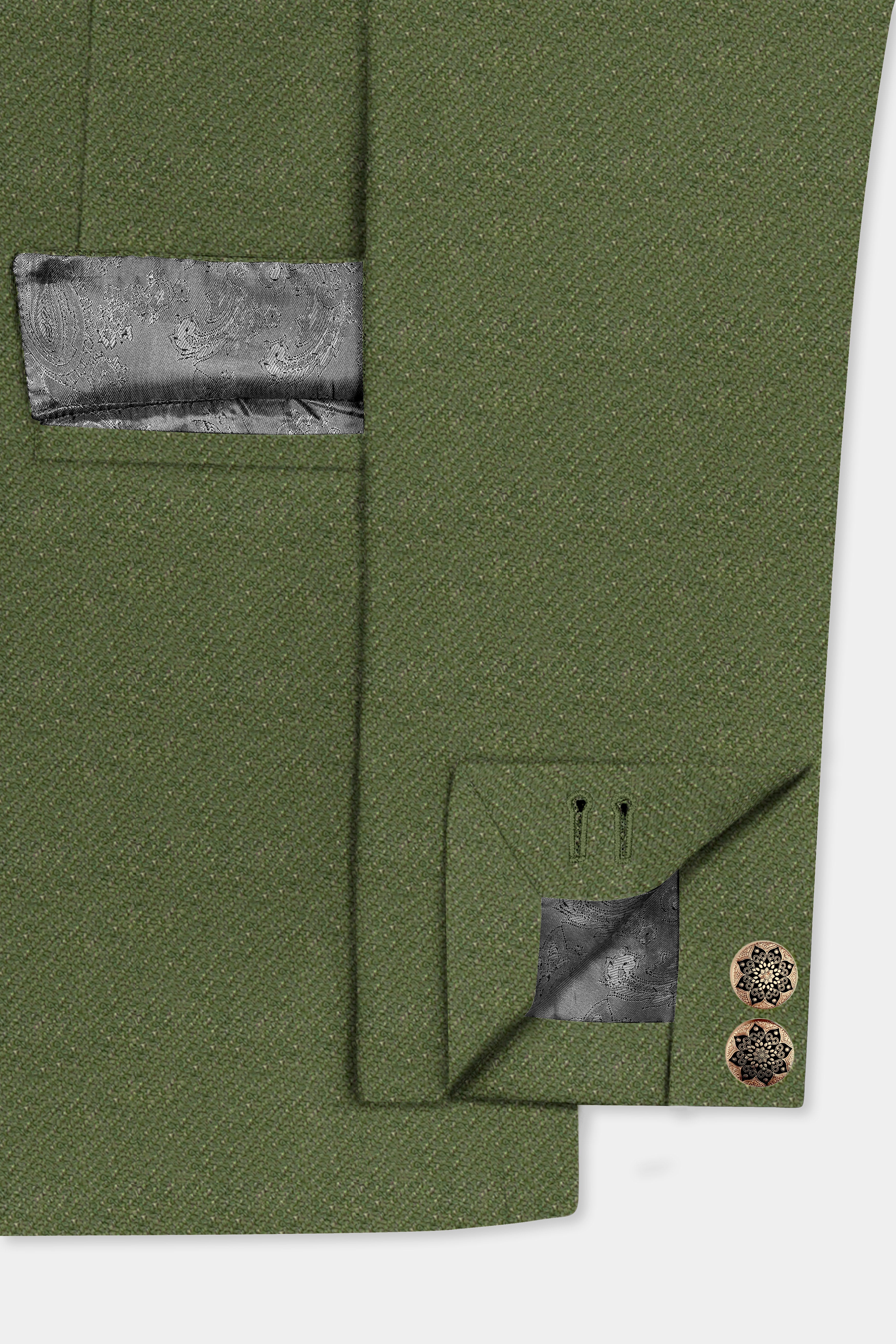 Verdure-Finch Green Solid Tweed Cross Placket Bandhgala Blazer