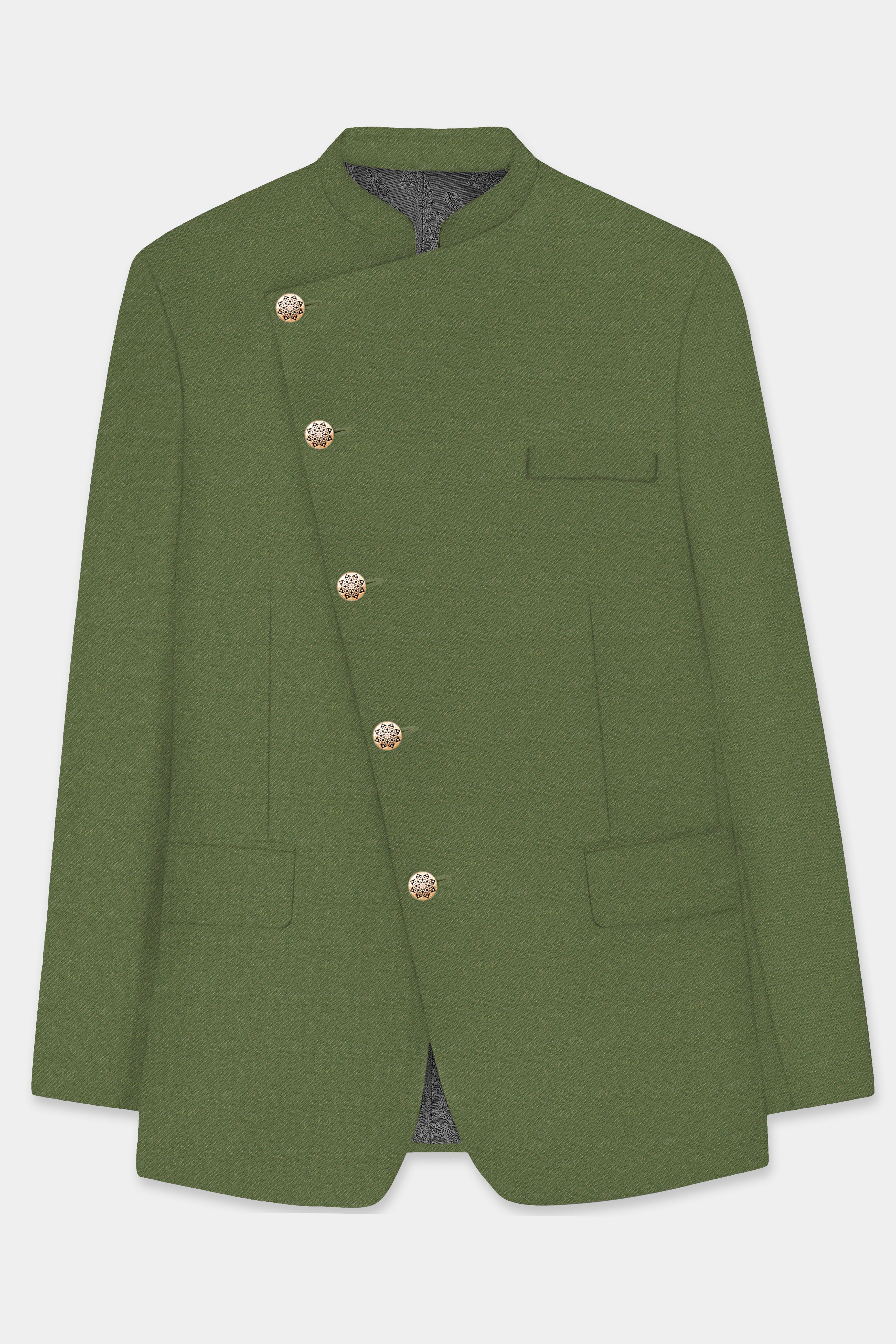 Verdure-Finch Green Solid Tweed Cross Placket Bandhgala Blazer