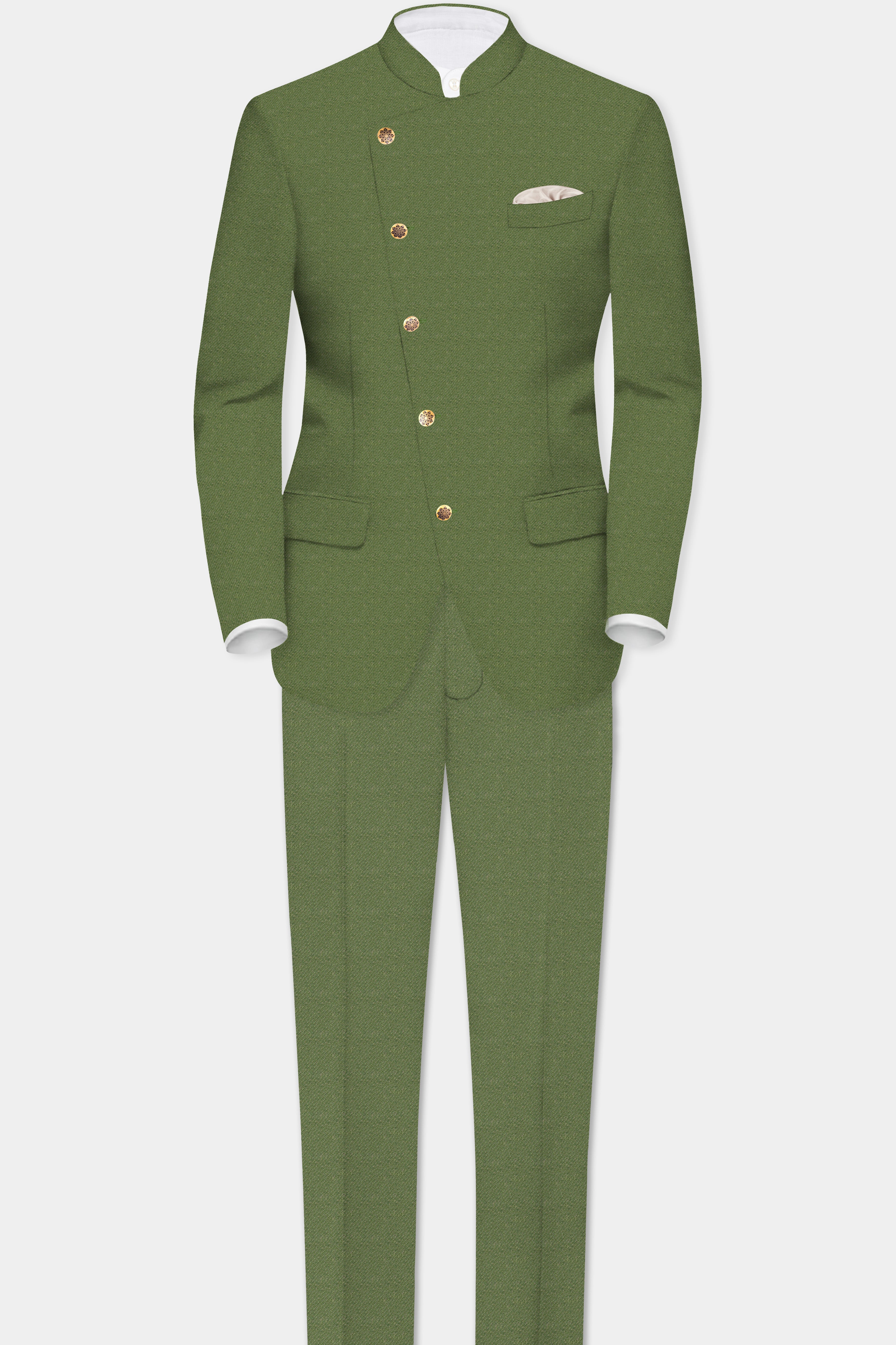 Verdure-Finch Green Solid Tweed Cross Placket Bandhgala Blazer