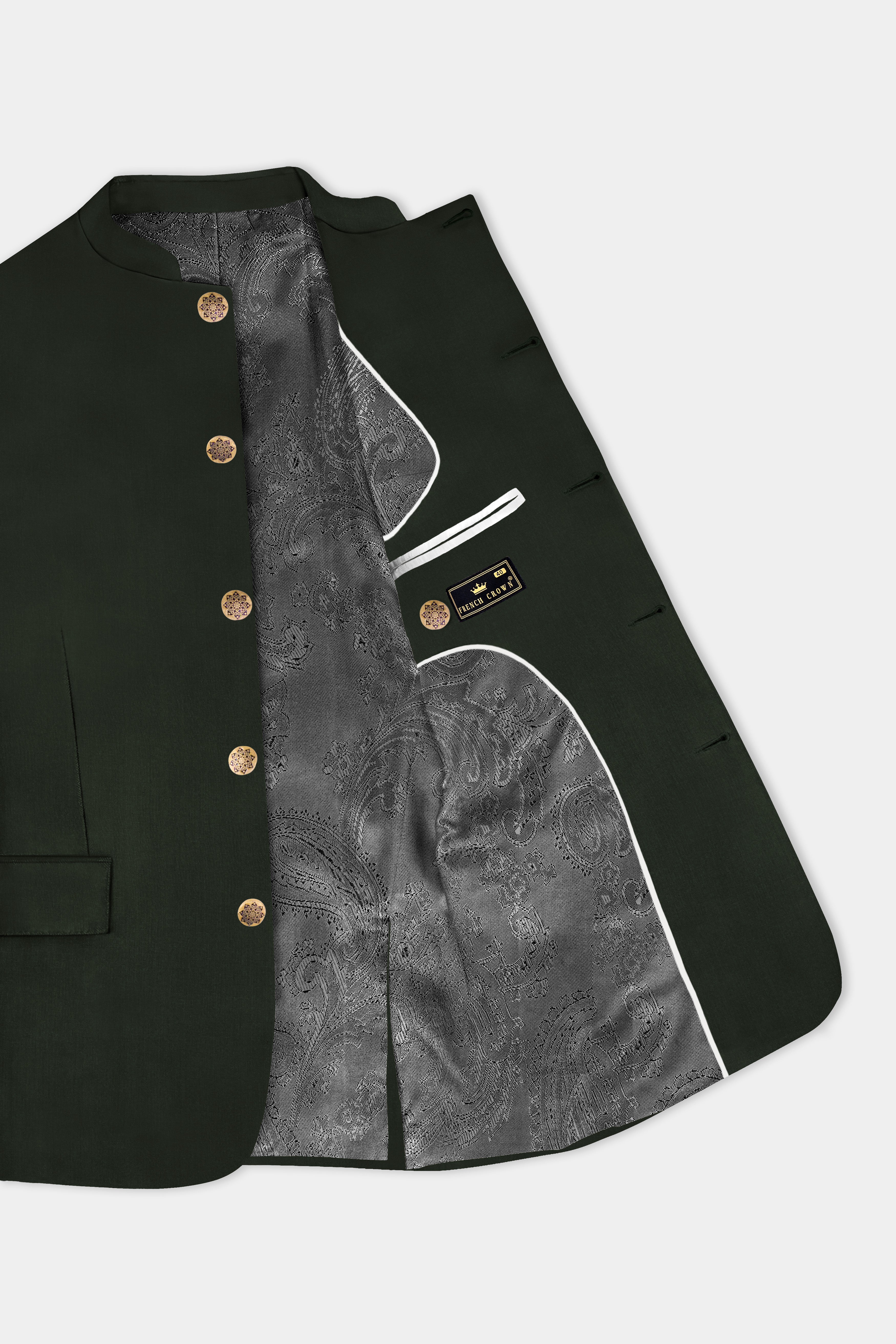 Verdant Majesty-Juniper Green Solid Wool Rich Bandhgala Slight Stretch Blazer