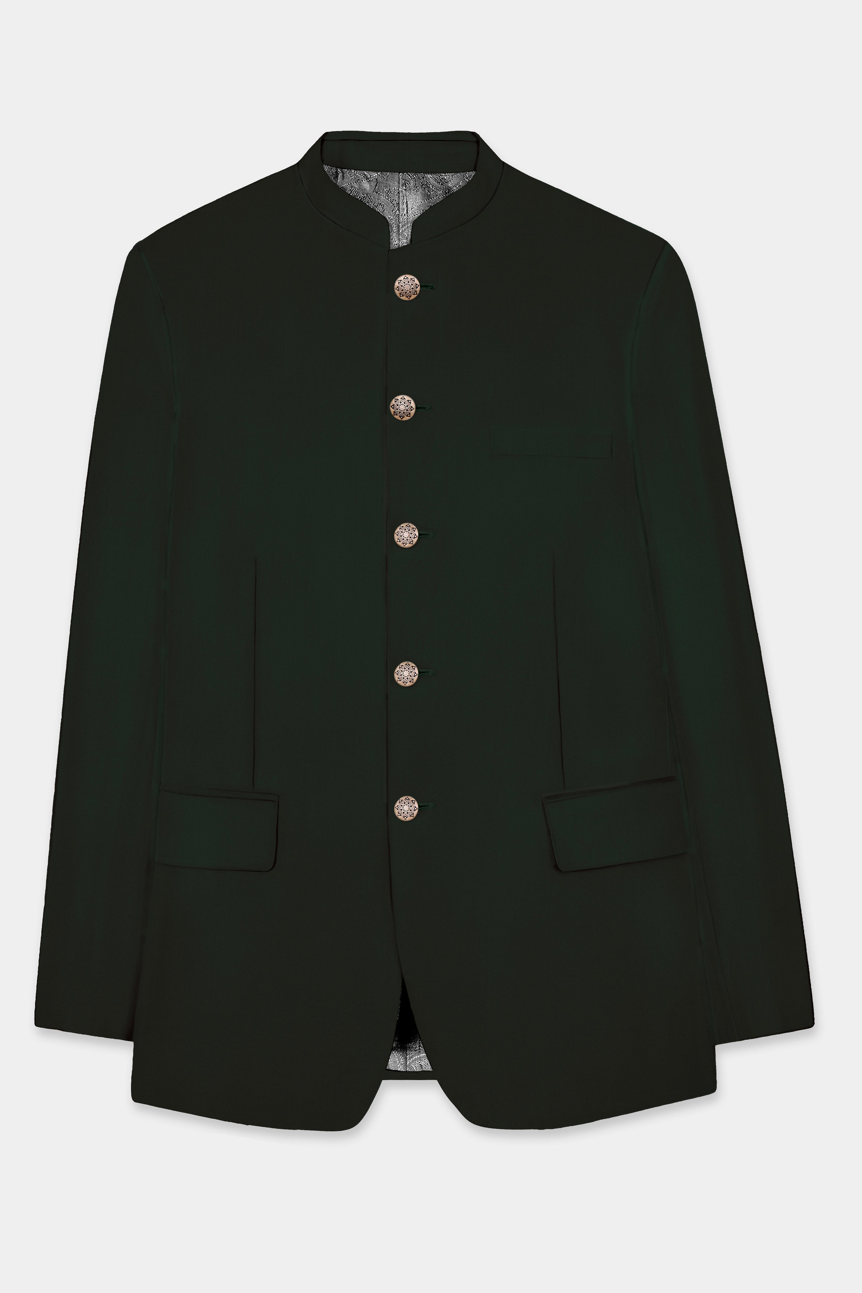 Verdant Majesty-Juniper Green Solid Wool Rich Bandhgala Slight Stretch Blazer