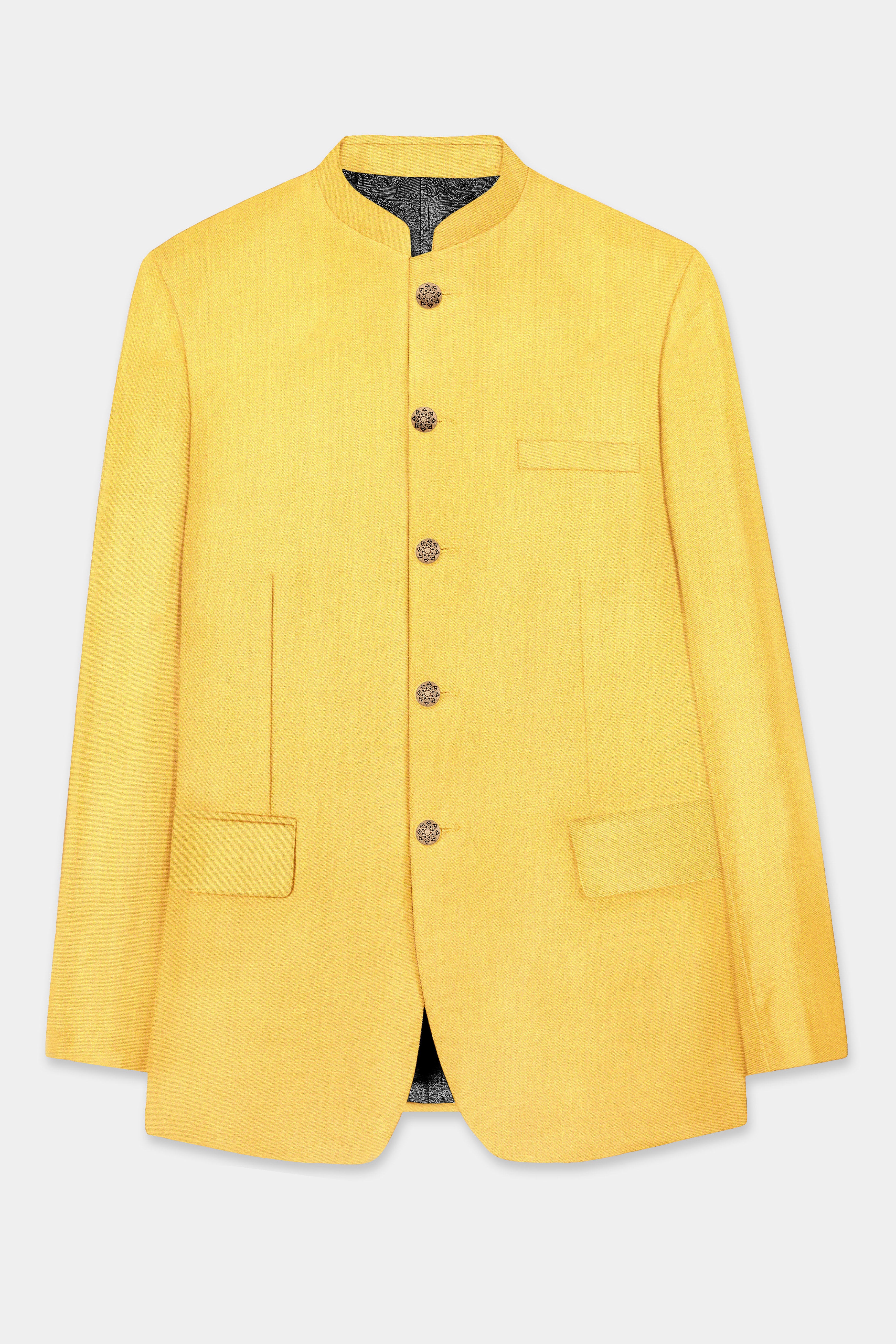 Saffron Elegance-Lemon Yellow Solid Wool Rich Bandhgala Slight Stretch Blazer
