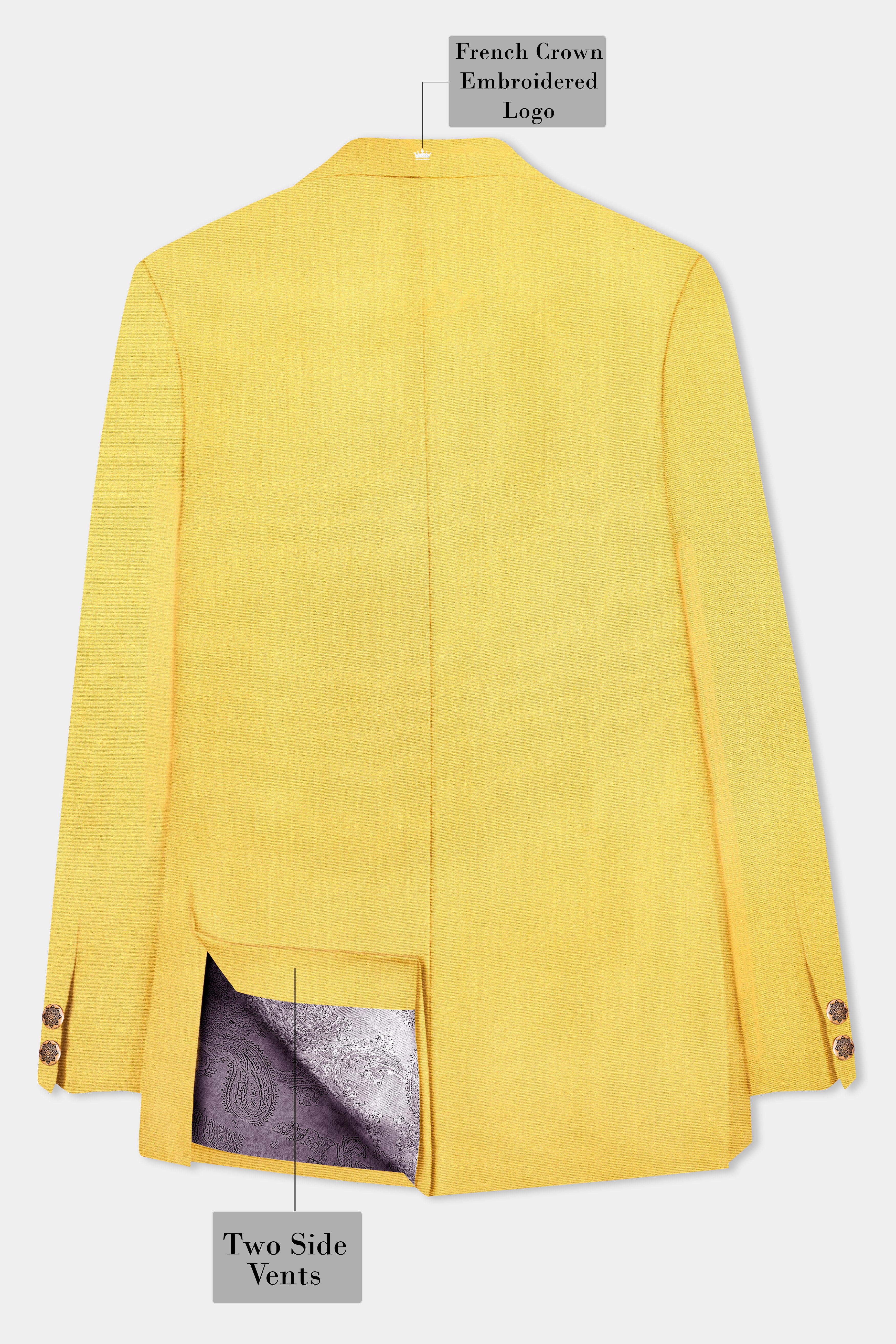 Saffron Elegance-Lemon Yellow Solid Wool Rich Bandhgala Slight Stretch Blazer