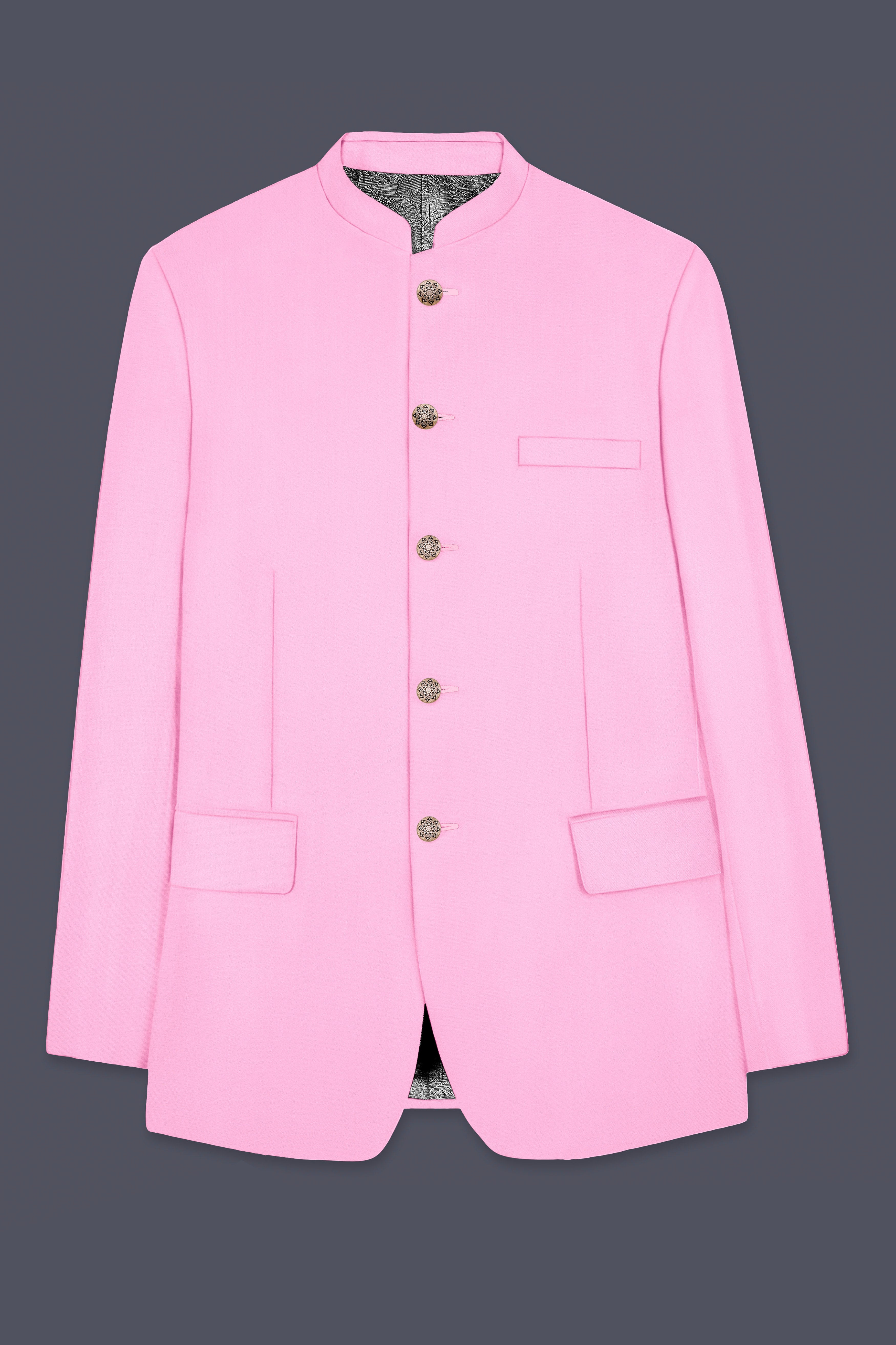 Rosé Reverie-Pestel Pink Solid Wool Rich Bandhgala Slight Stretch Blazer