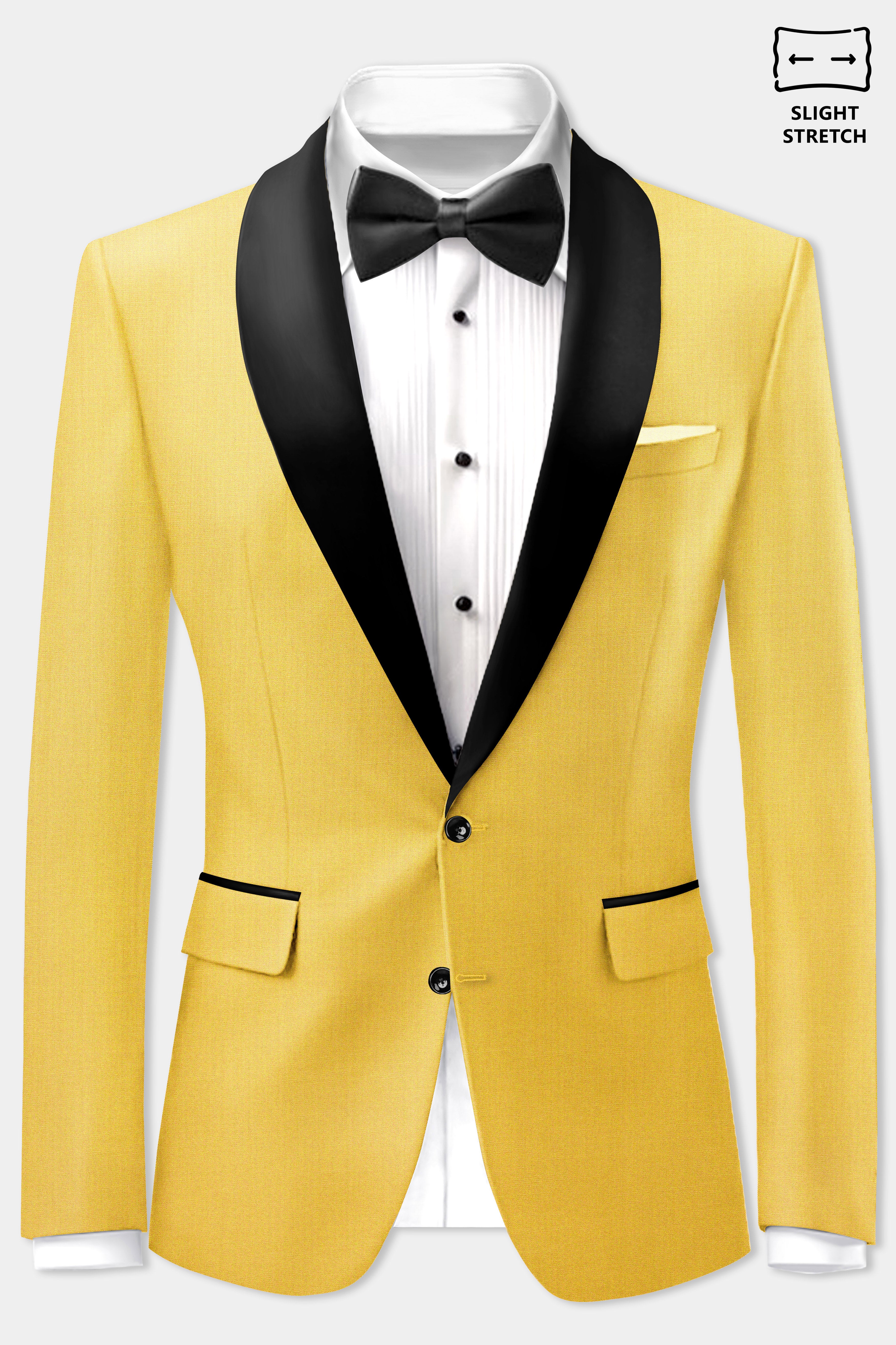 Saffron Elegance-Lemon Yellow Solid Wool Rich Tuxedo Slight Stretch Blazer