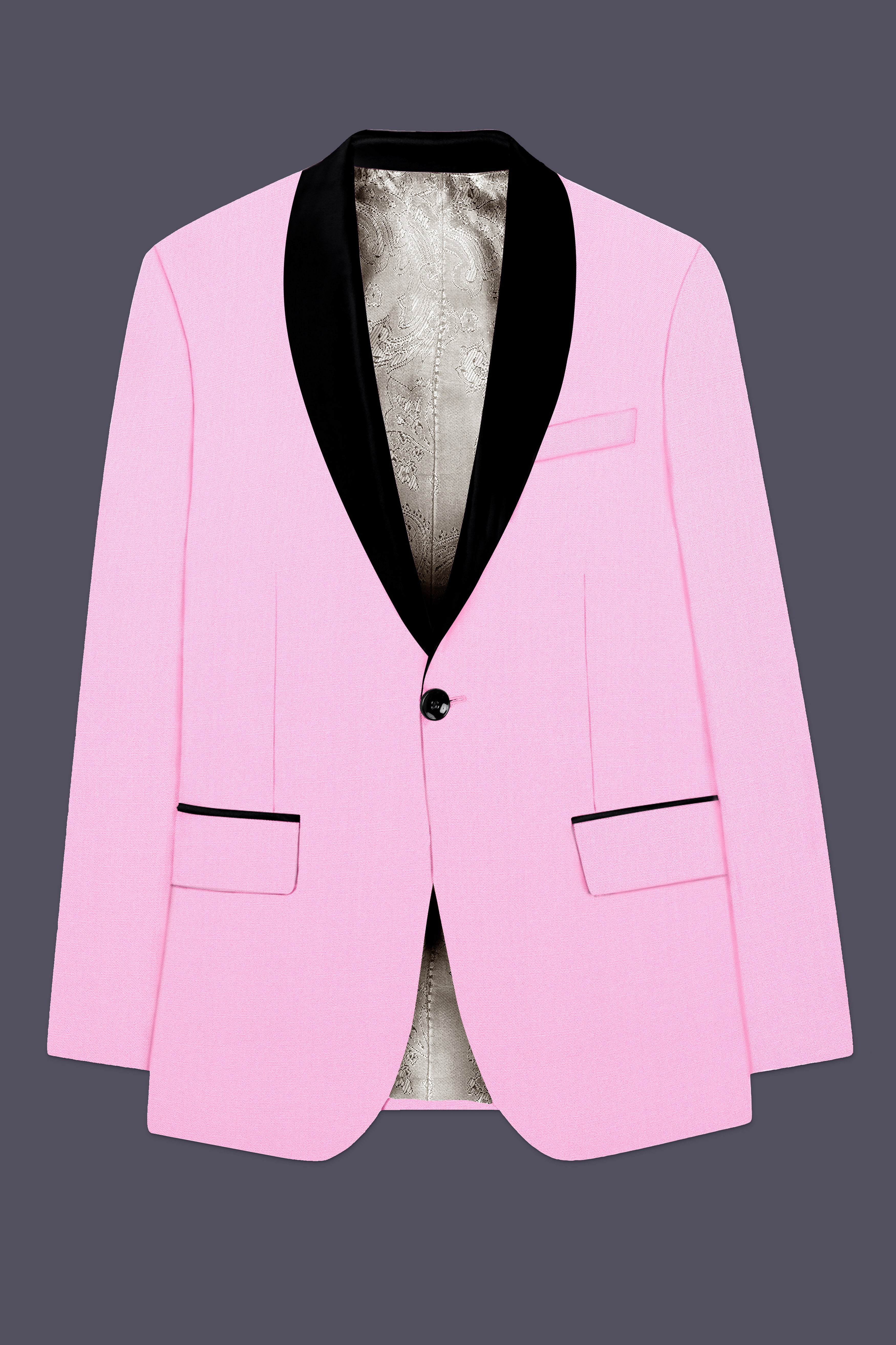 Rosé Reverie-Pestel Pink Solid Wool Rich Tuxedo Slight Stretch Blazer