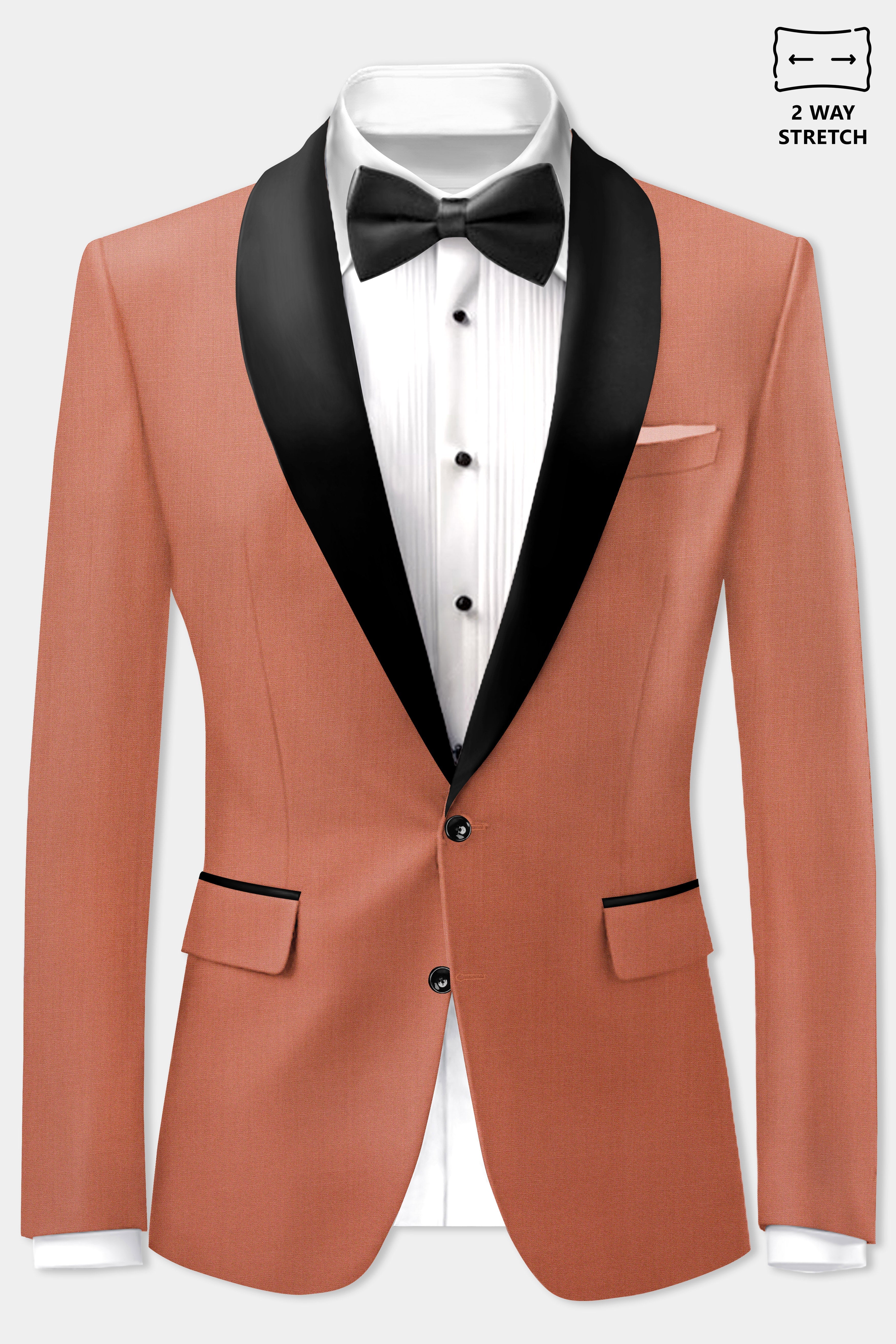 Spiced Sunset-Salmon Orange Solid Wool Rich Tuxedo Stretchable traveler Blazer