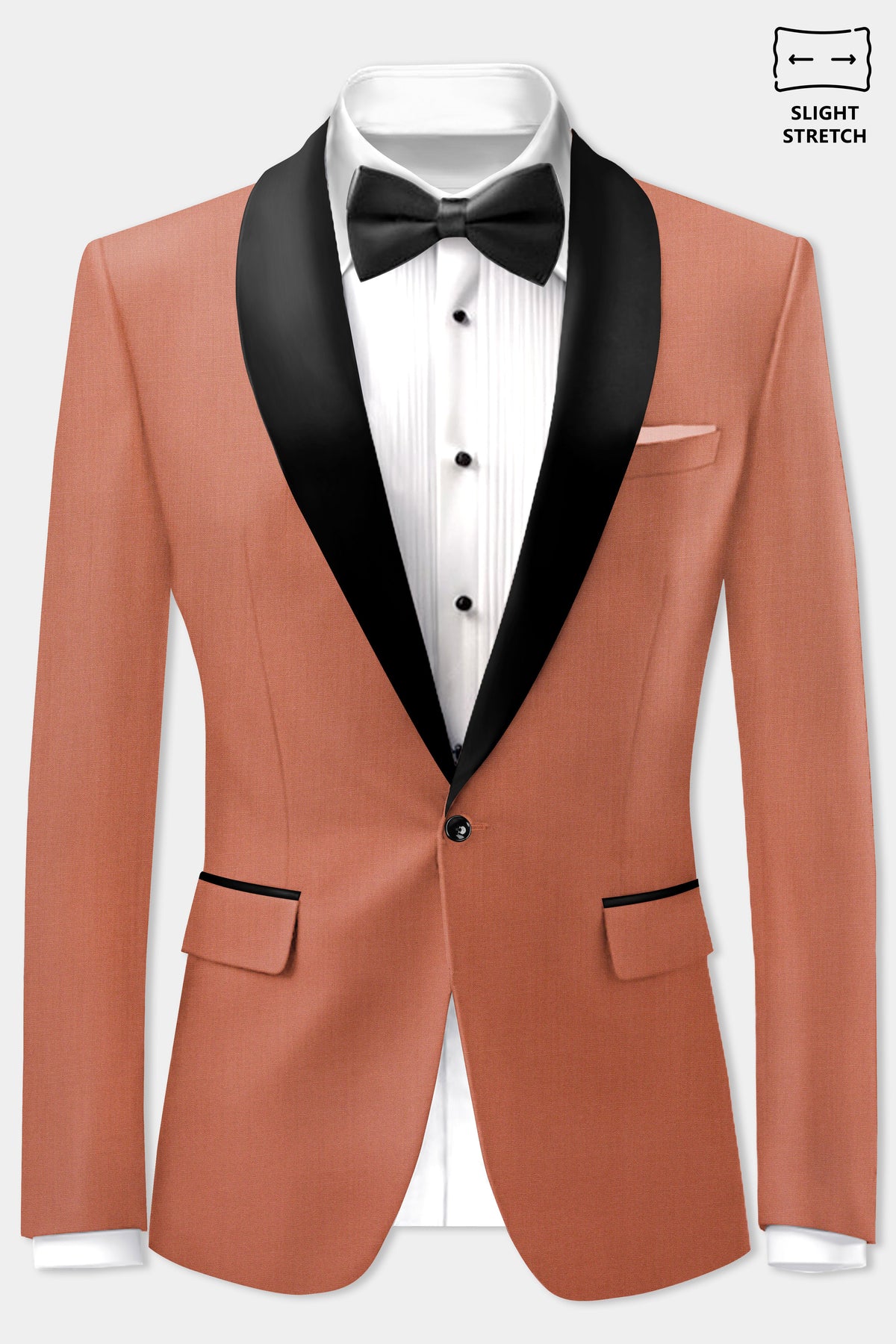 Spiced Sunset-Salmon Orange Solid Wool Rich Slight Stretch Tuxedo Blazer