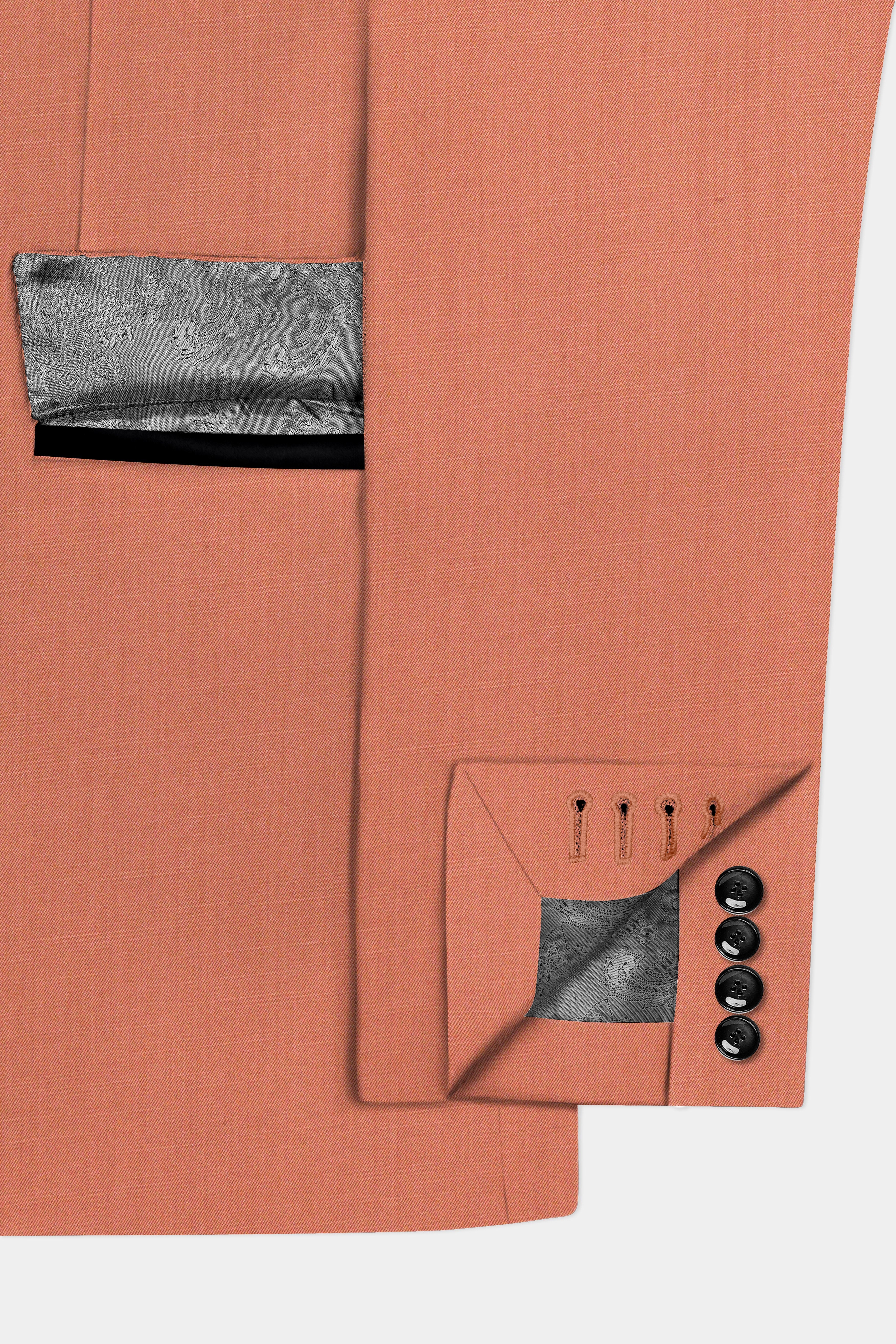 Spiced Sunset-Salmon Orange Solid Wool Rich Slight Stretch Tuxedo Blazer