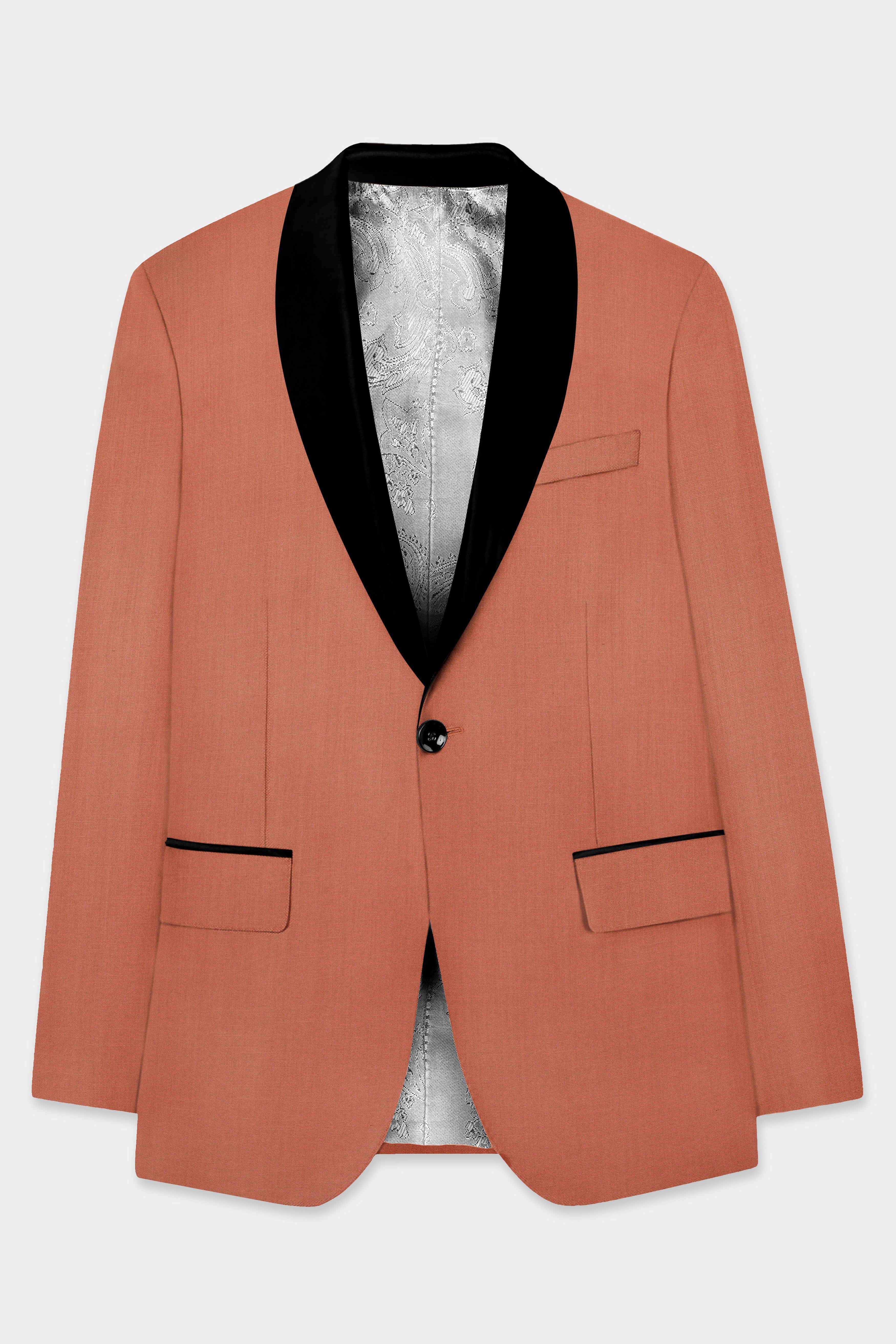 Spiced Sunset-Salmon Orange Solid Wool Rich Slight Stretch Tuxedo Blazer
