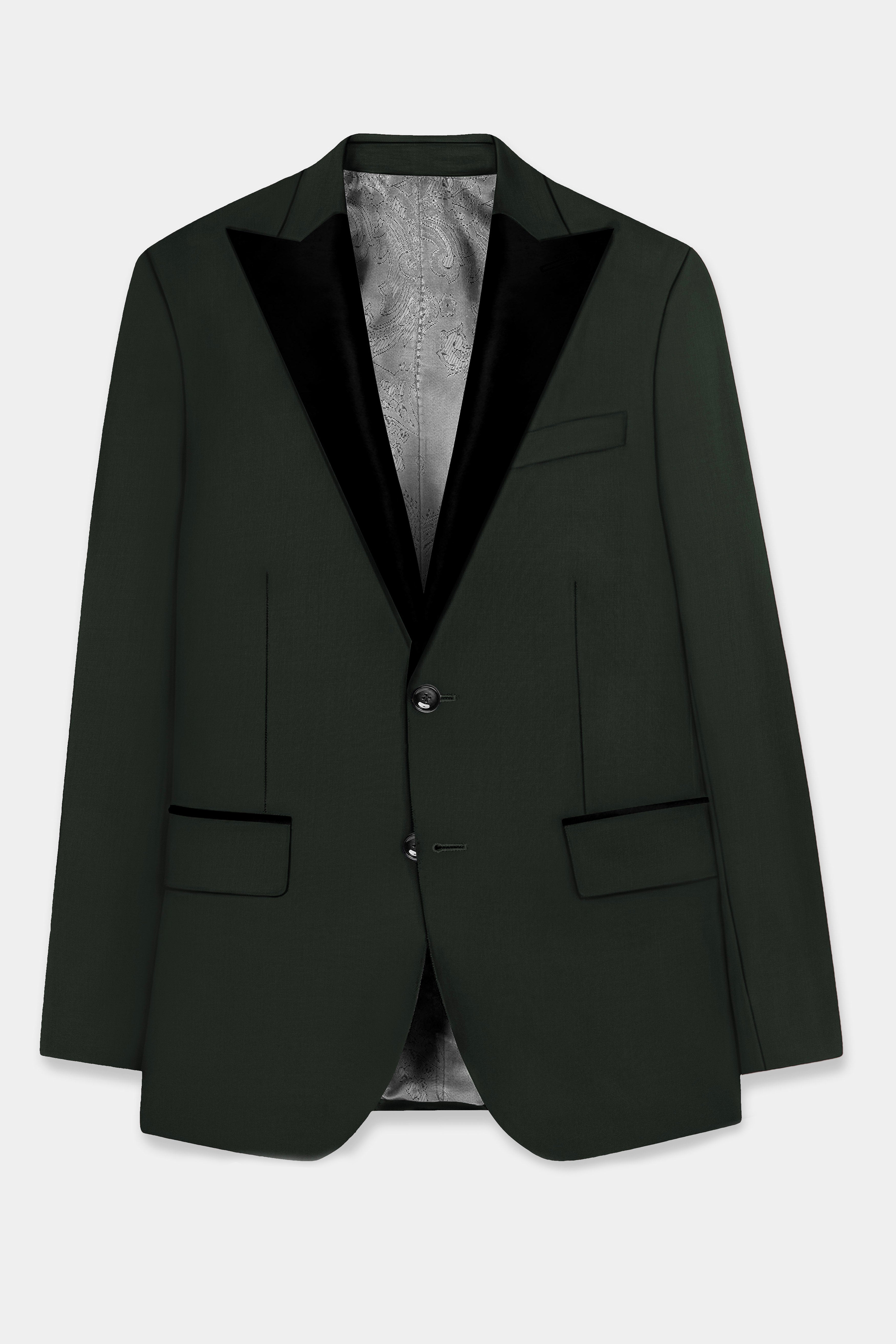 Verdant Majesty-Juniper Green Solid Wool Rich Peak Lapel Tuxedo Slight Stretch Blazer