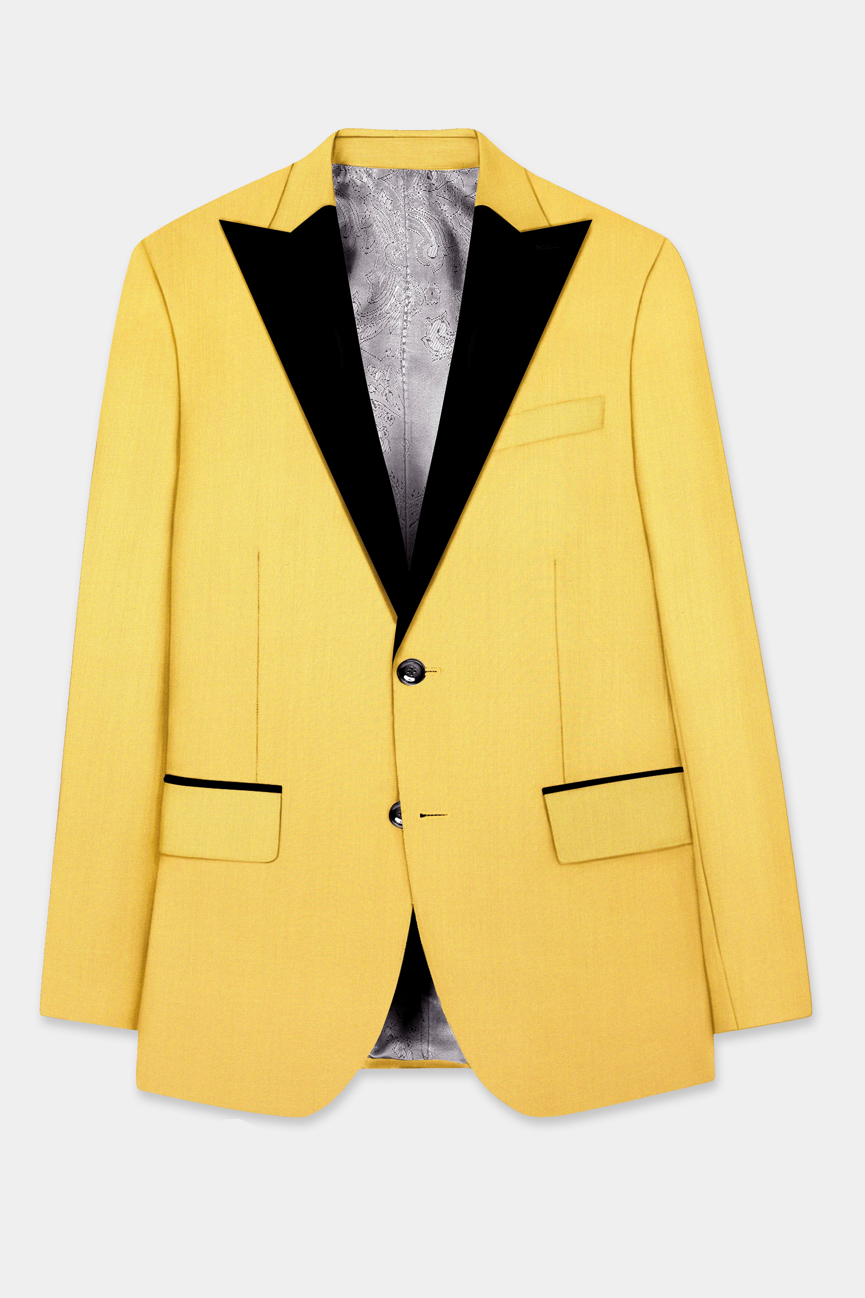 Saffron Elegance-Lemon Yellow Solid Wool Rich Peak Lapel Tuxedo Slight Stretch Blazer