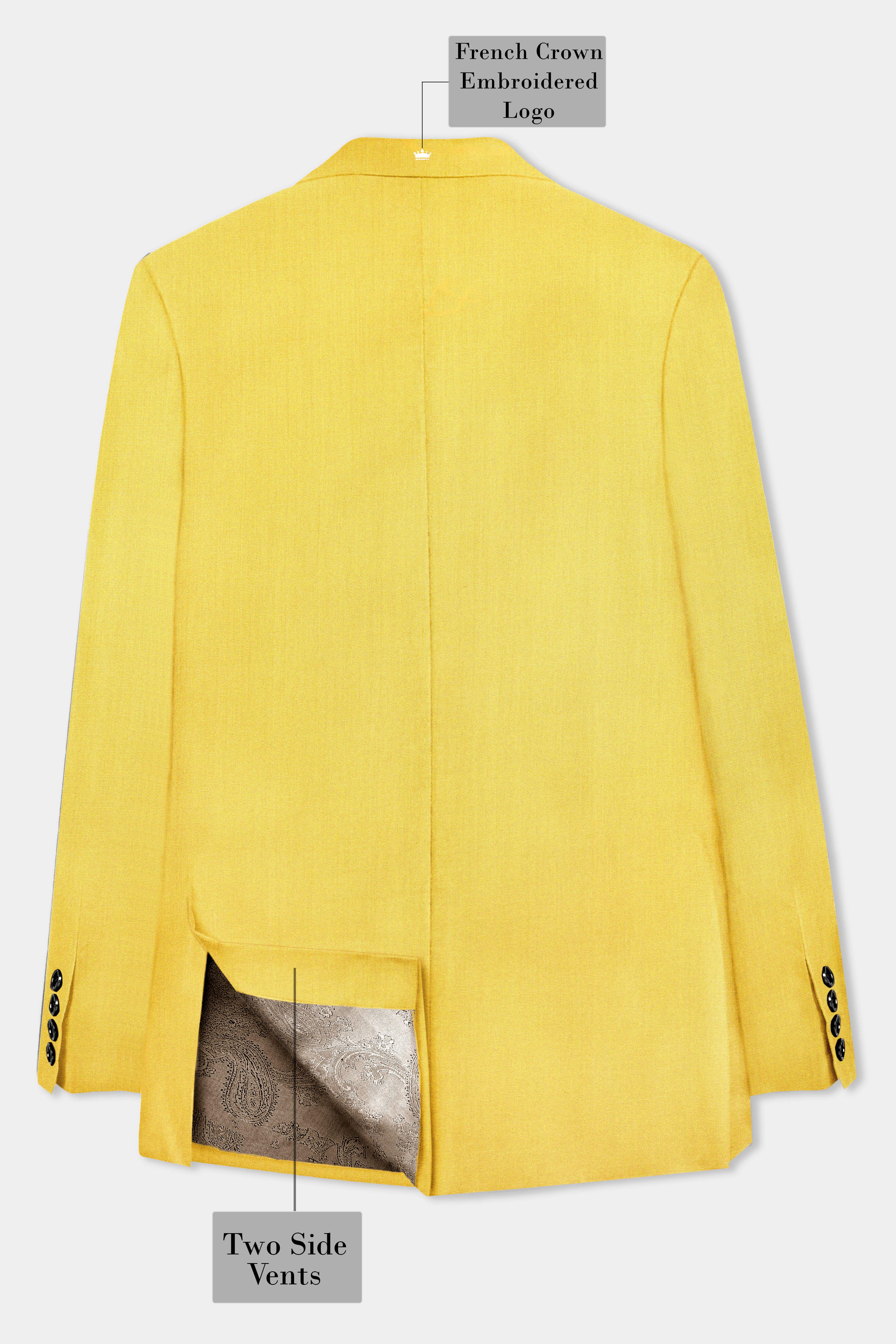 Saffron Elegance-Lemon Yellow Solid Wool Rich Peak Lapel Tuxedo Slight Stretch Blazer