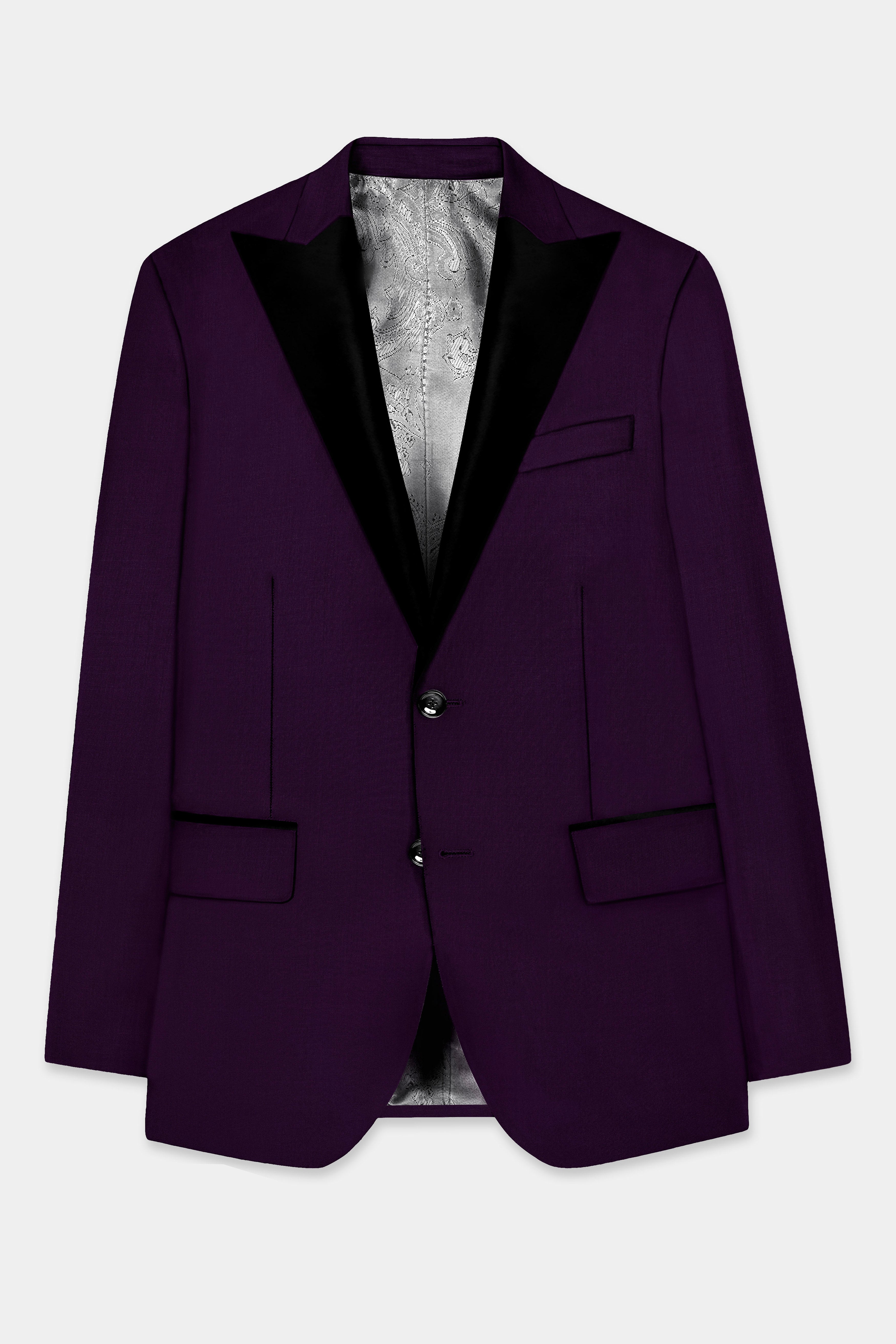 Regal Plum-Eggplant Purple Solid Wool Rich Peak Lapel Tuxedo Slight Stretch Blazer