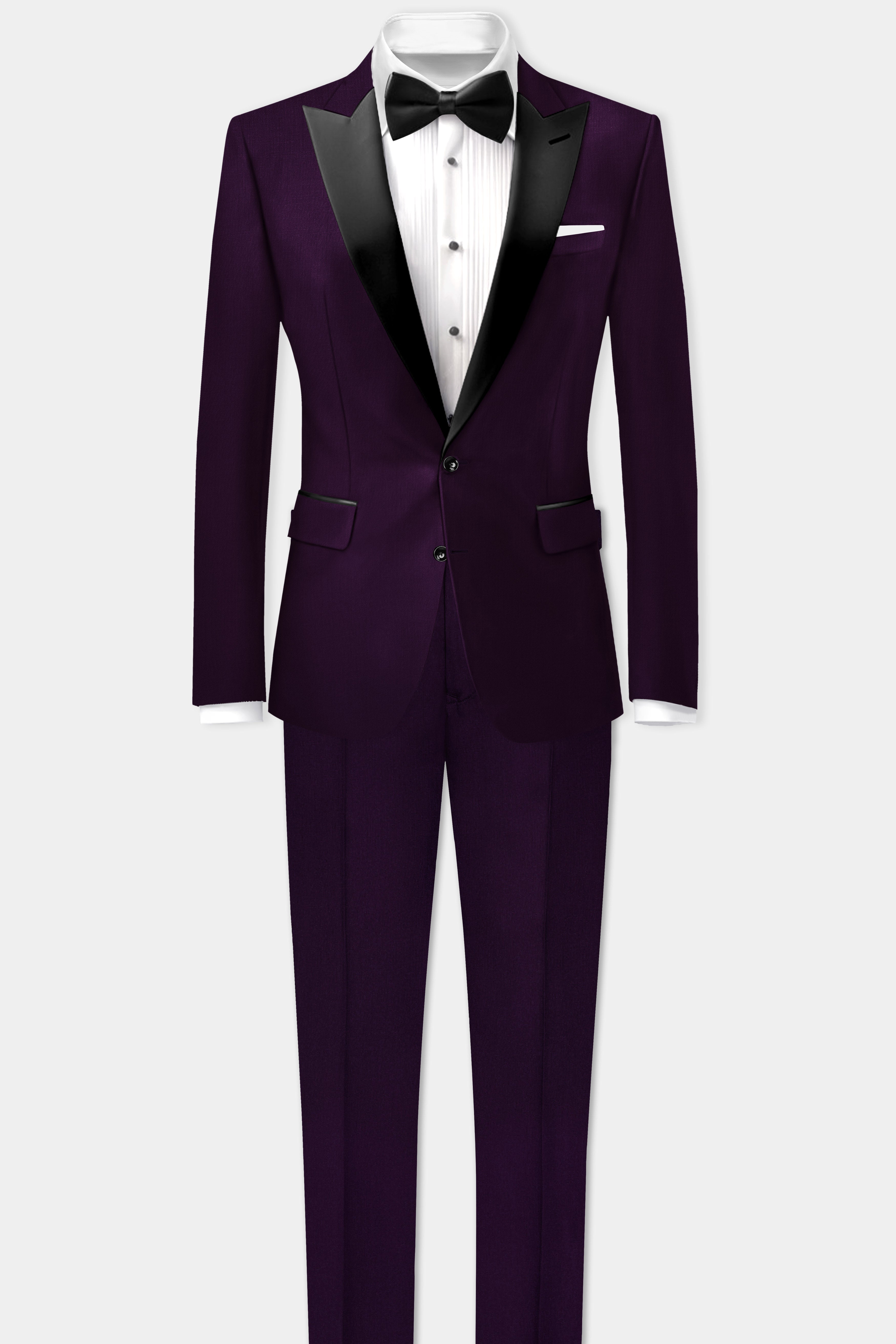Regal Plum-Eggplant Purple Solid Wool Rich Peak Lapel Tuxedo Slight Stretch Blazer