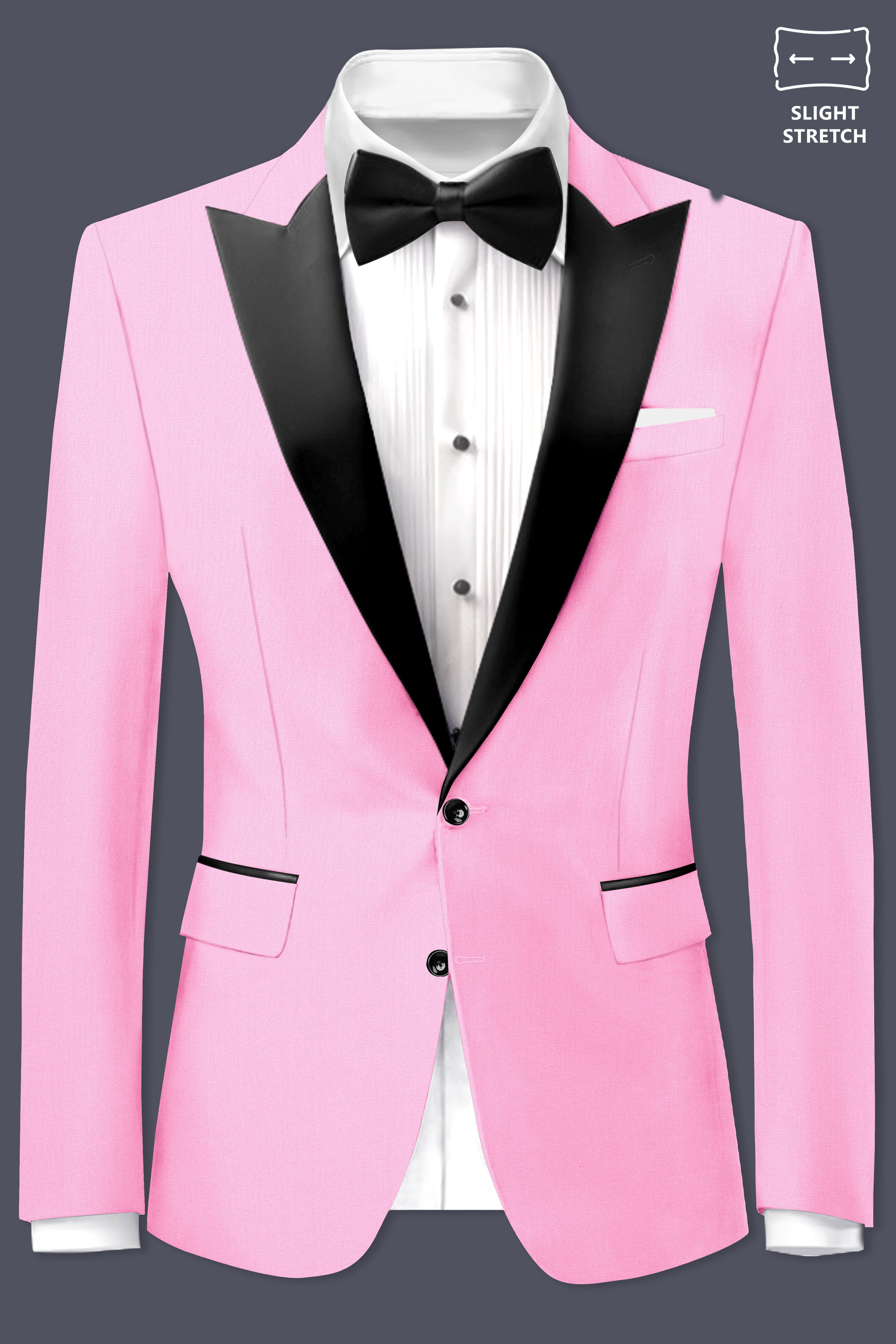 Rosé Reverie-Pestel Pink Solid Wool Rich Peak Lapel Tuxedo Slight Stretch Blazer