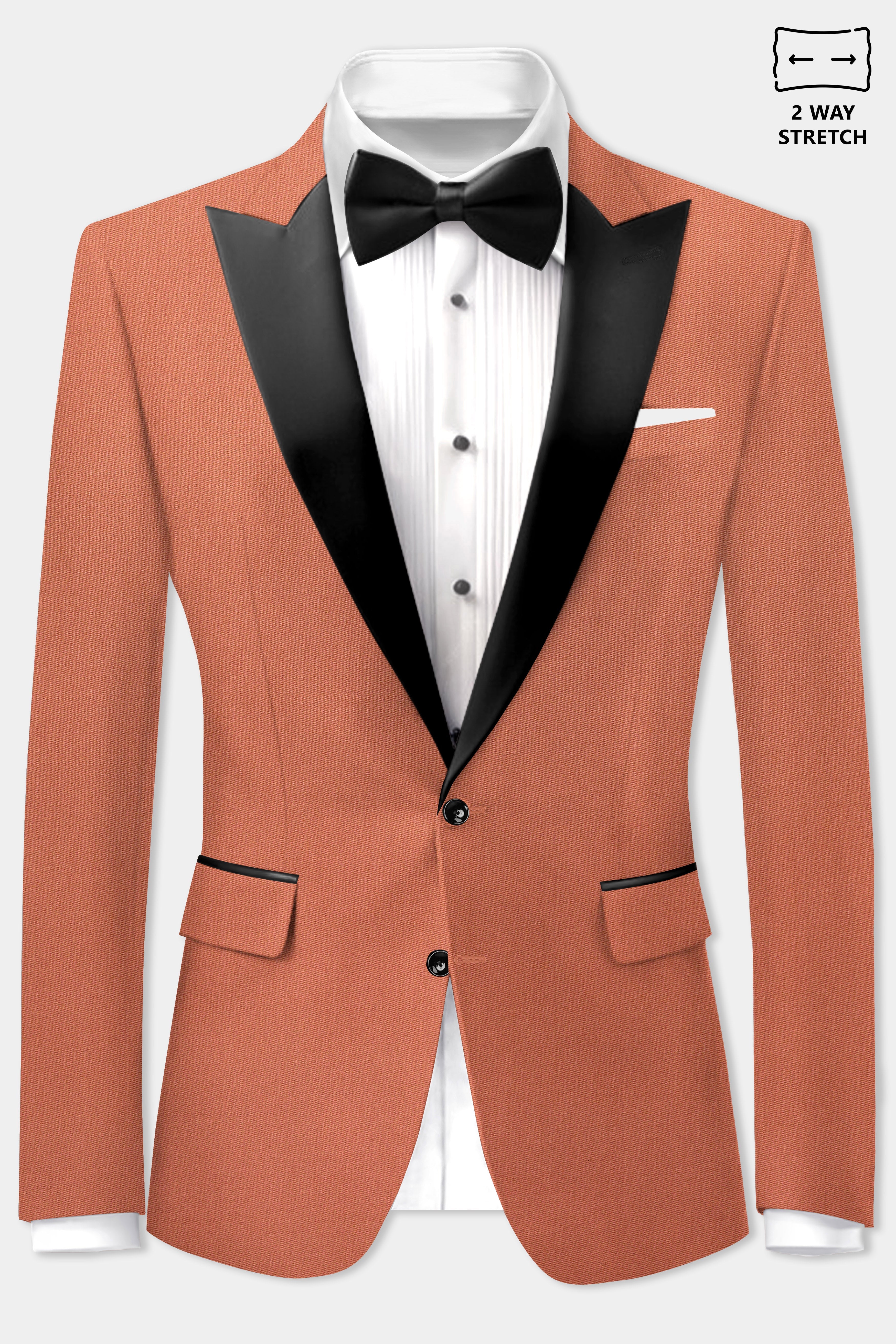Spiced Sunset-Salmon Orange Solid Wool Rich Peak Lapel Tuxedo Stretchable traveler Blazer