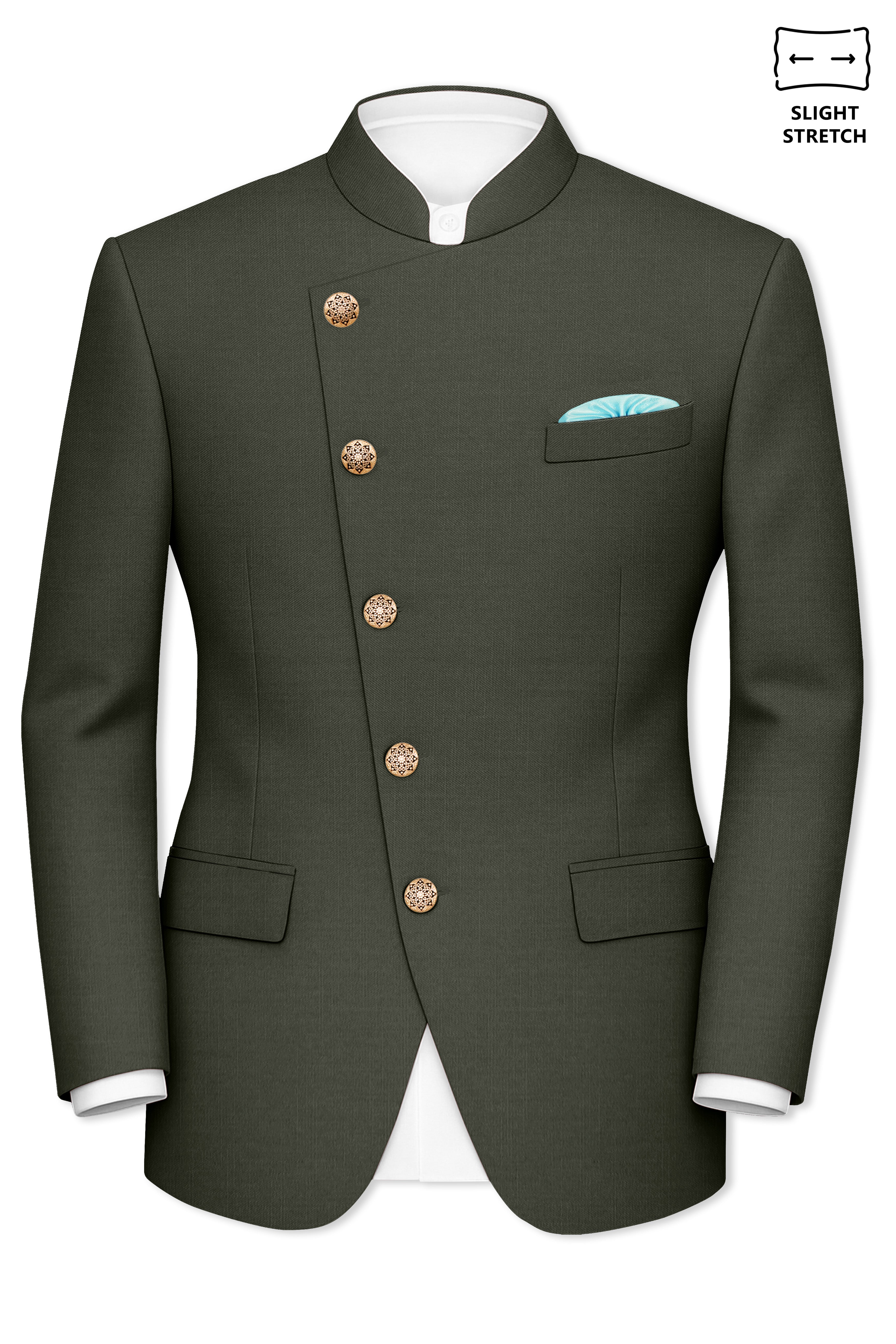 Verdant Majesty-Juniper Green Solid Wool Rich Cross Placket Bandhgala Slight Stretch Blazer