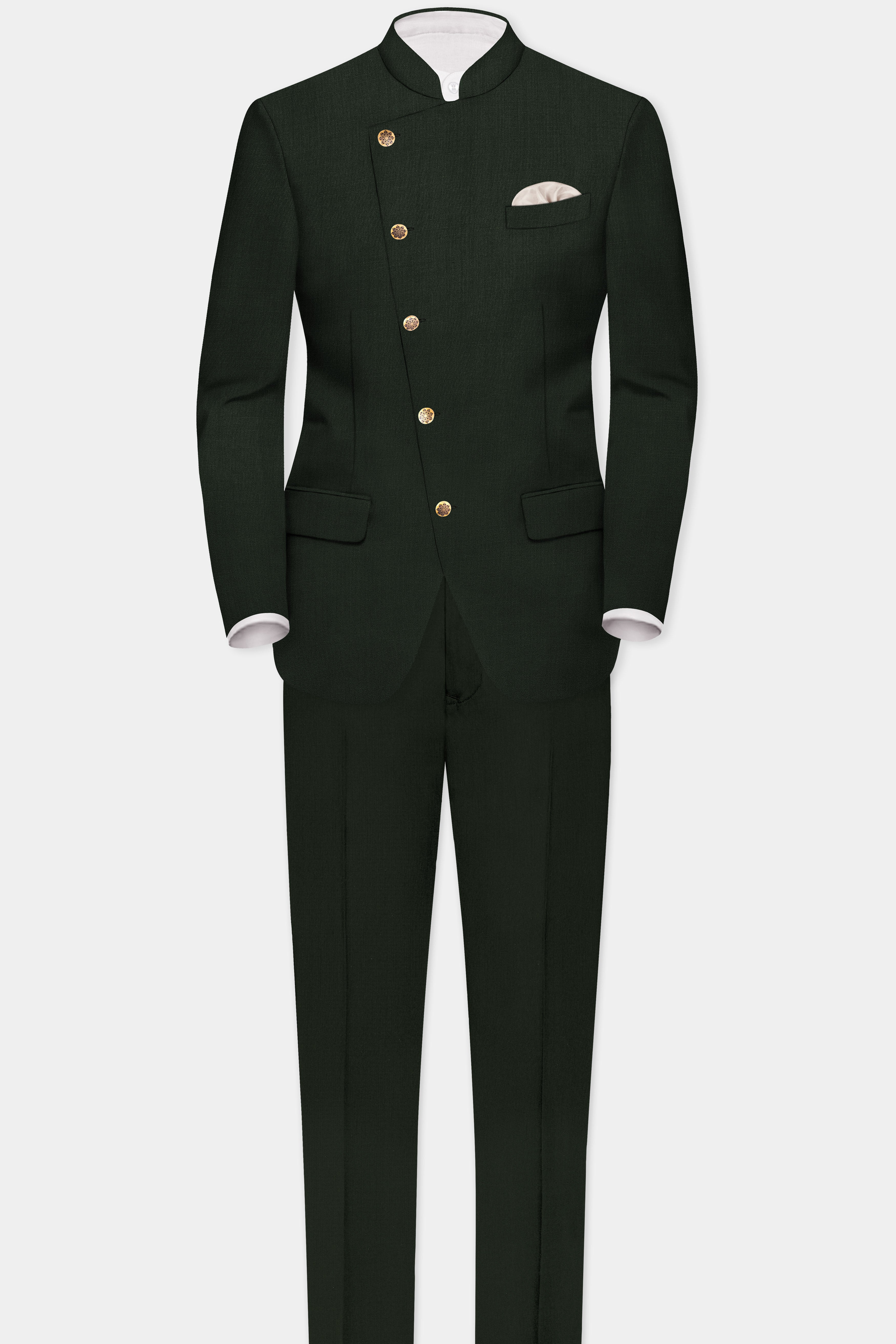 Verdant Majesty-Juniper Green Solid Wool Rich Cross Placket Bandhgala Slight Stretch Blazer