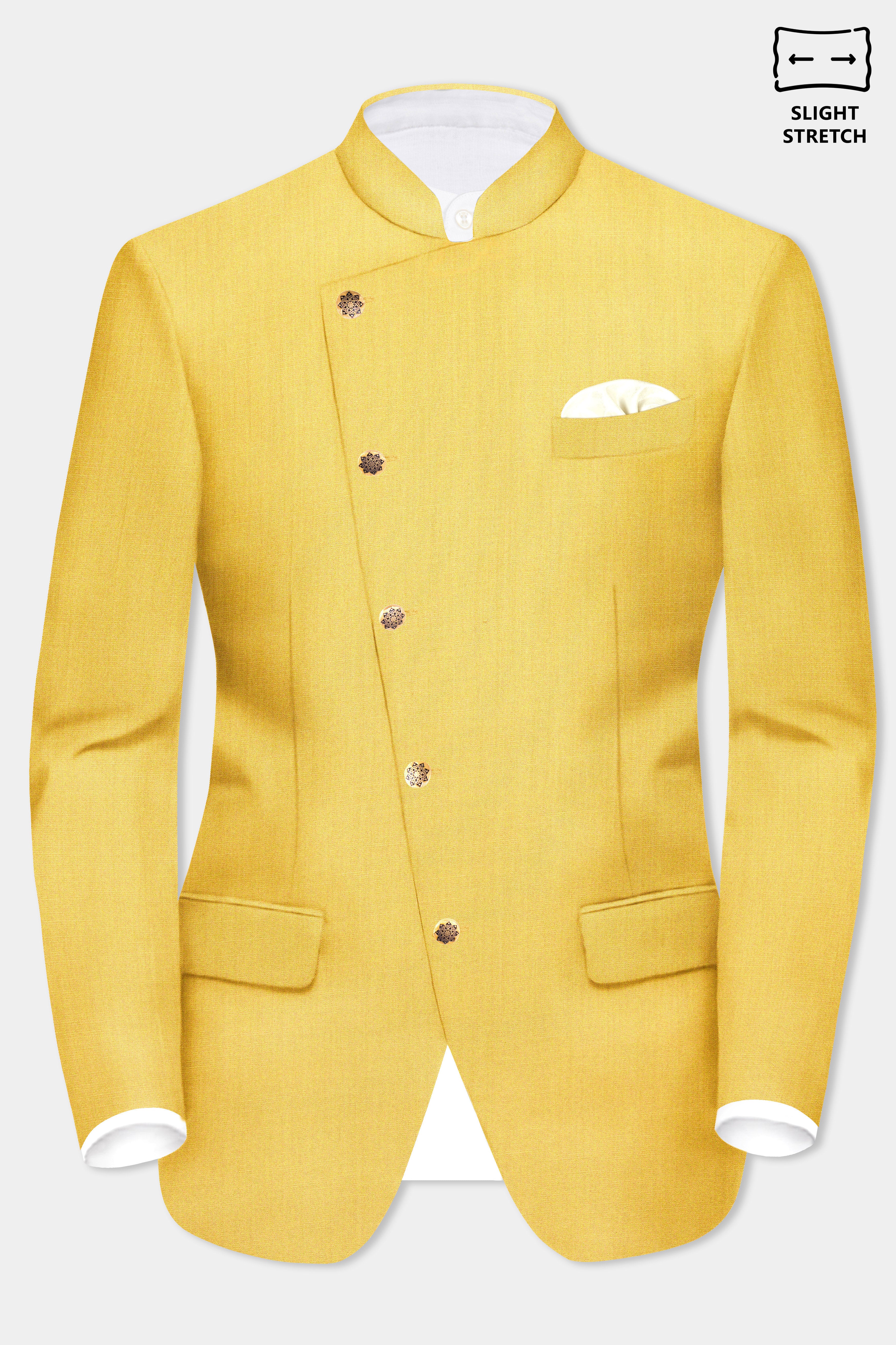 Saffron Elegance-Lemon Yellow Solid Wool Rich Cross Placket Bandhgala Slight Stretch Blazer