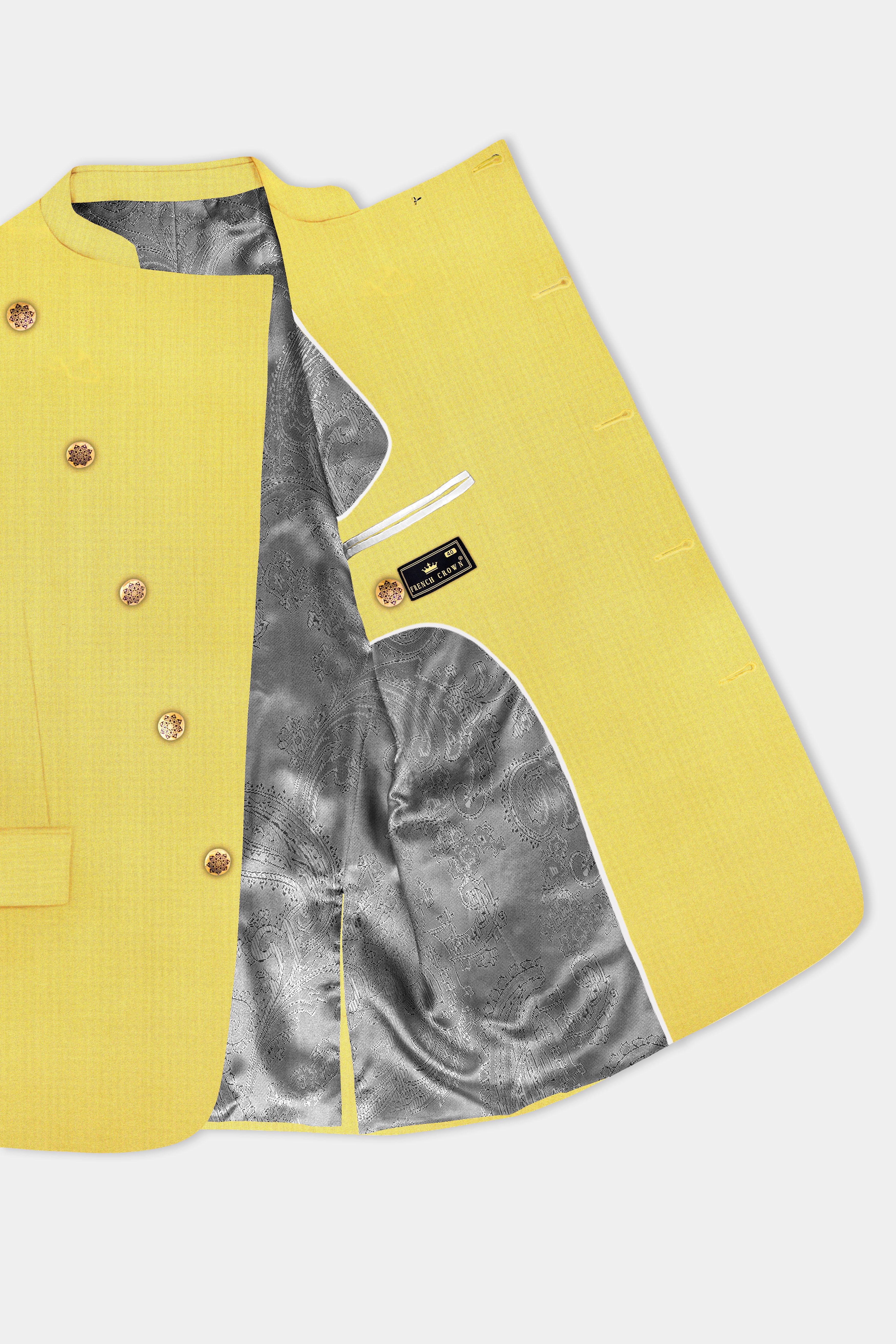 Saffron Elegance-Lemon Yellow Solid Wool Rich Cross Placket Bandhgala Slight Stretch Blazer