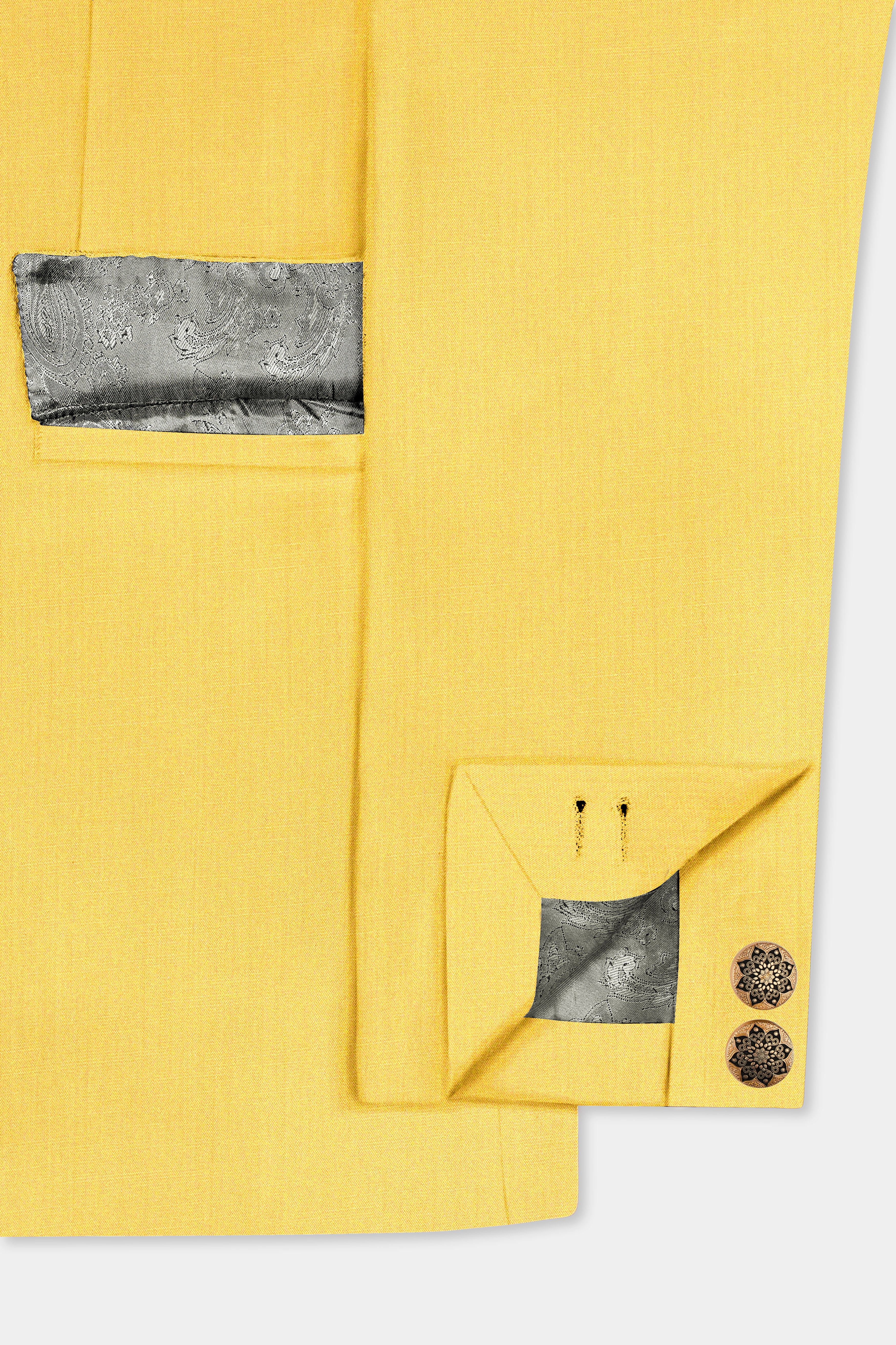 Saffron Elegance-Lemon Yellow Solid Wool Rich Cross Placket Bandhgala Slight Stretch Blazer