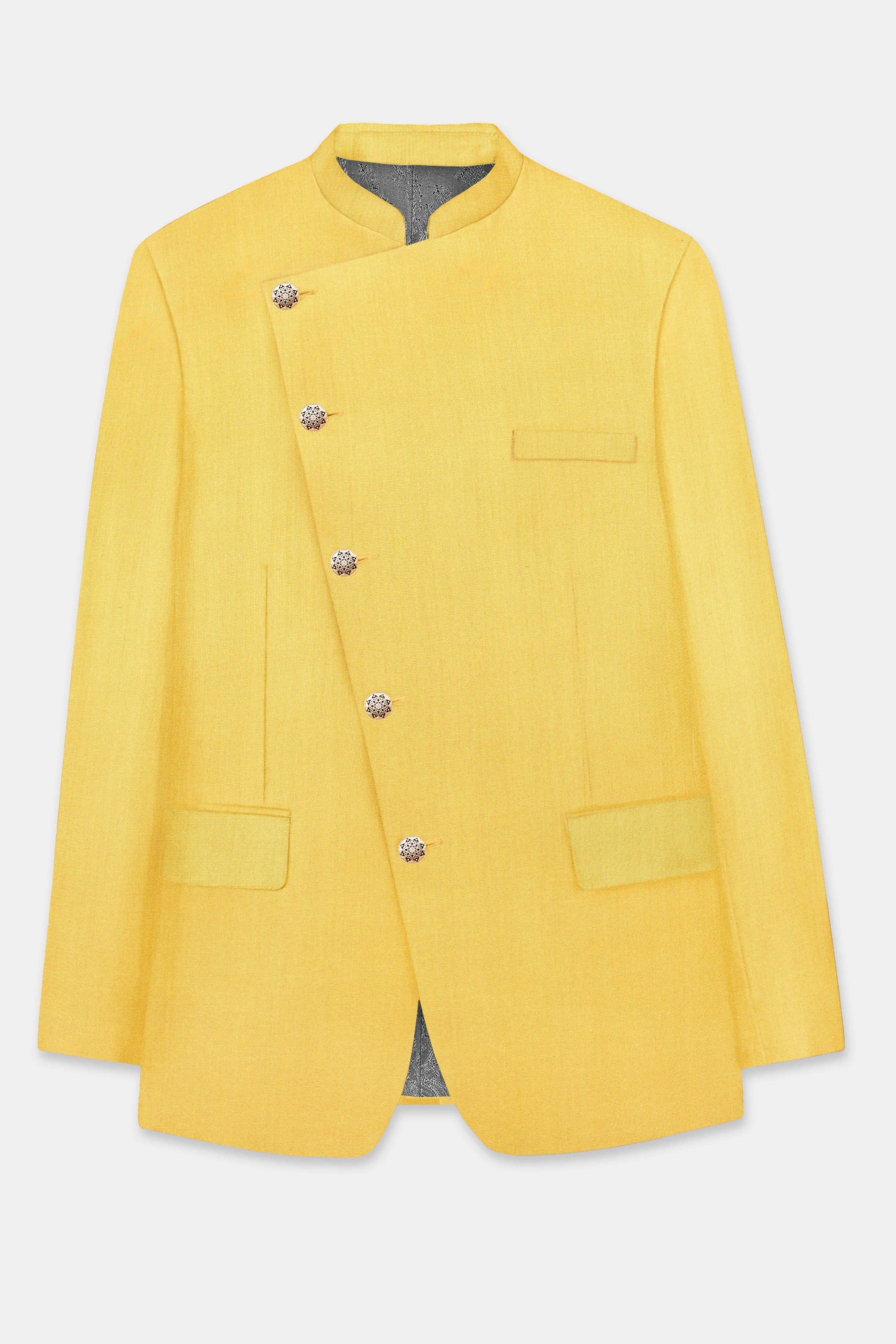 Saffron Elegance-Lemon Yellow Solid Wool Rich Cross Placket Bandhgala Slight Stretch Blazer
