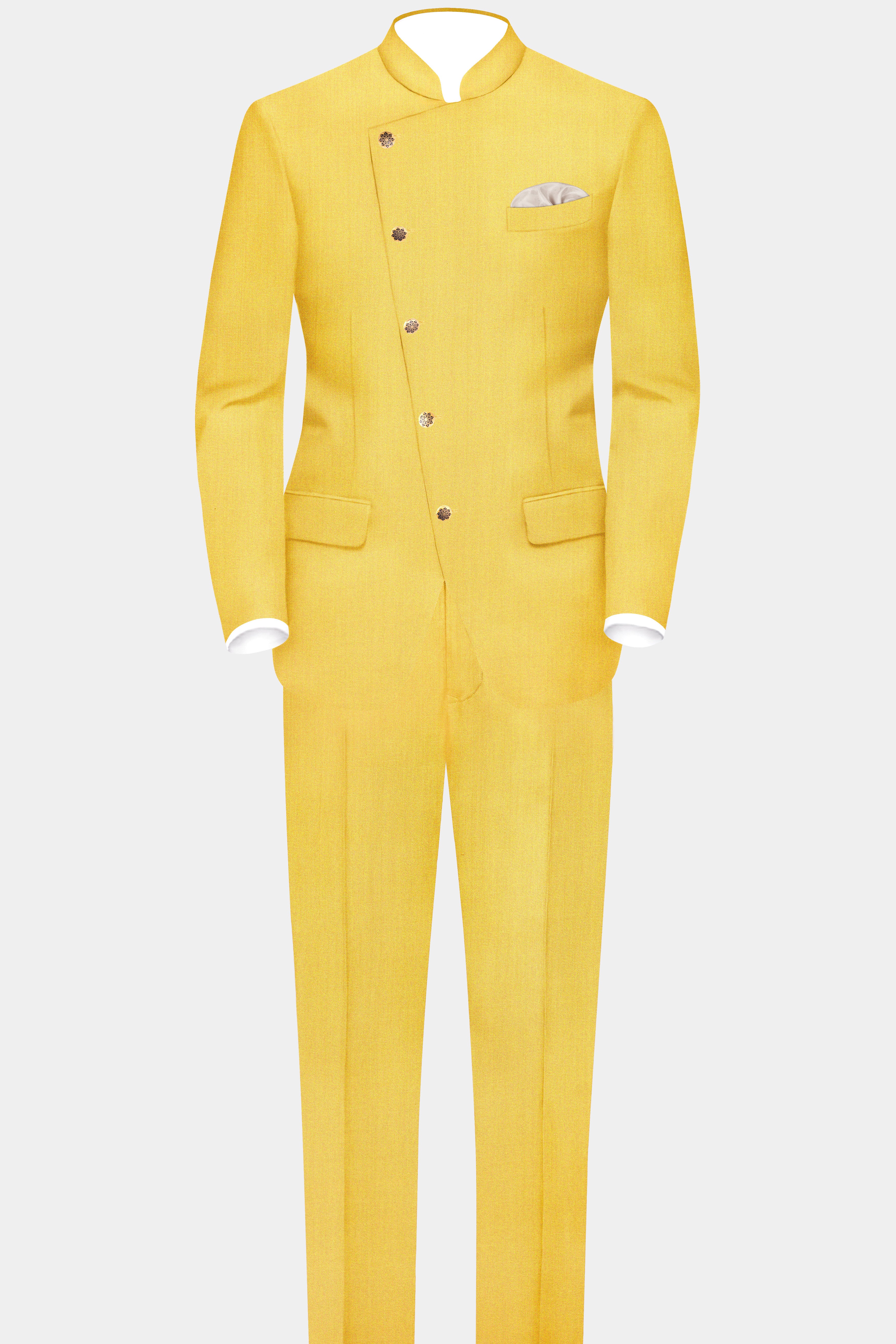 Saffron Elegance-Lemon Yellow Solid Wool Rich Cross Placket Bandhgala Slight Stretch Blazer