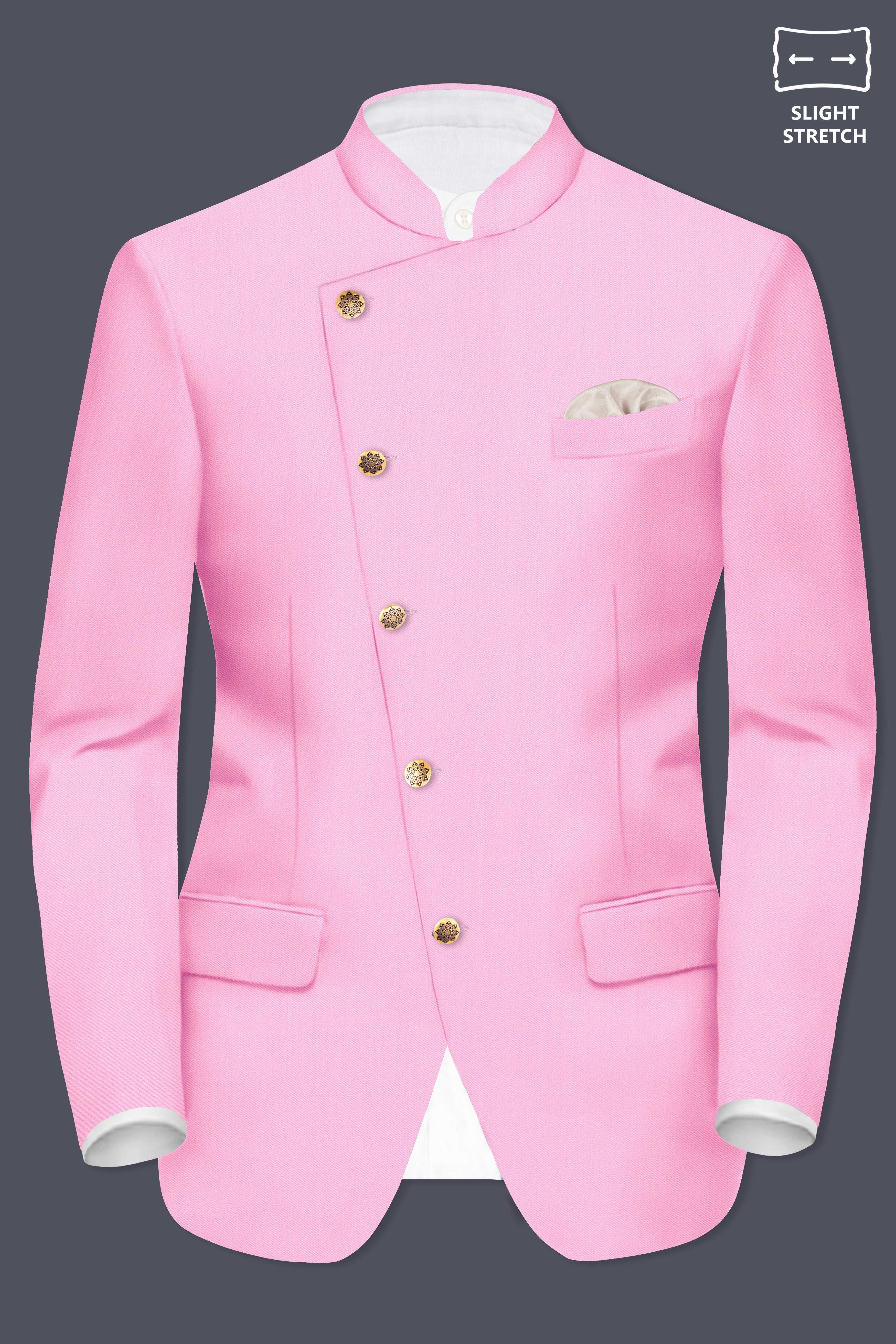 Rosé Reverie-Pestel Pink Solid Wool Rich Cross Placket Bandhgala Slight Stretch Blazer