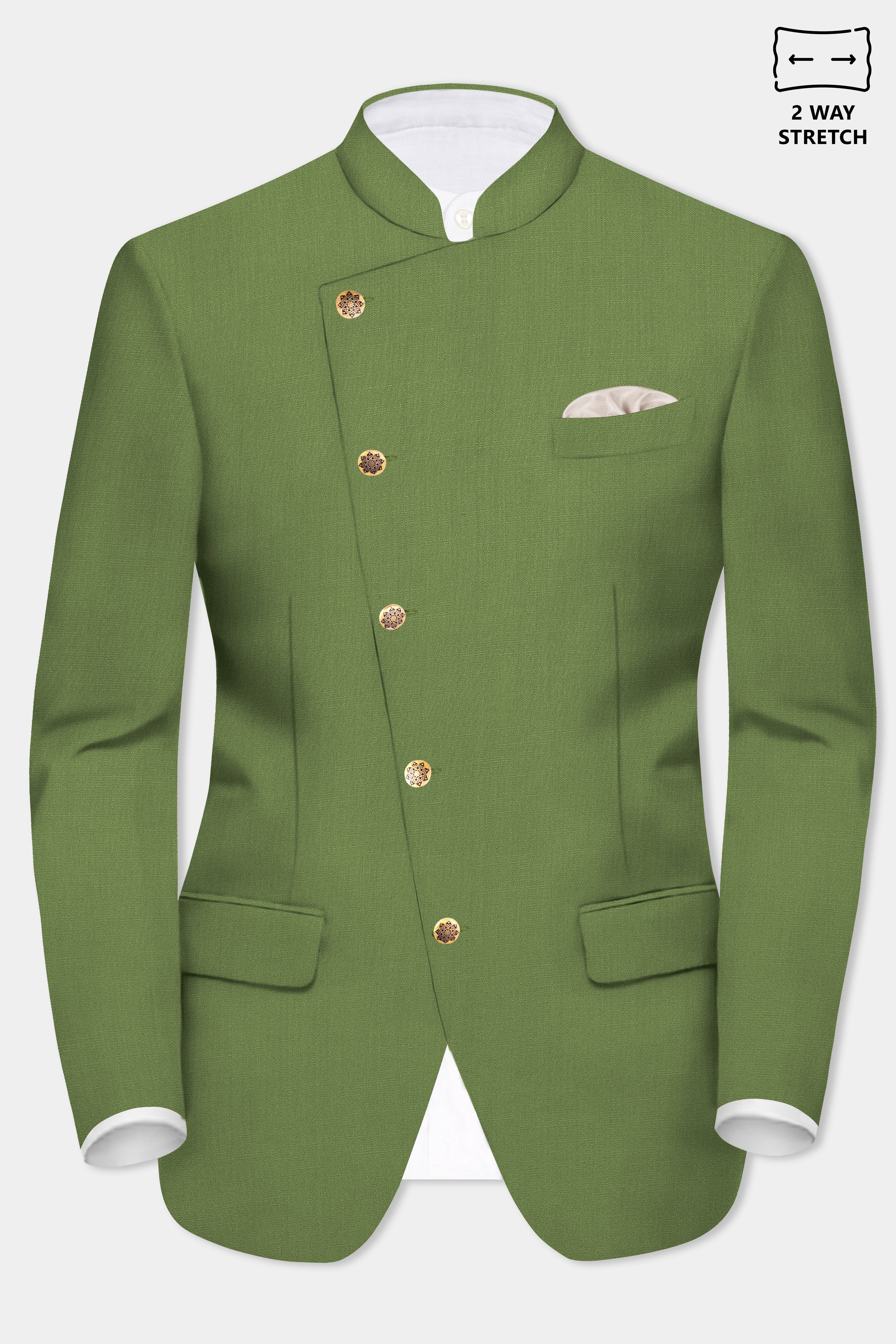 Sage Regal-Dingley Green Solid Wool Rich Cross Placket Bandhgala Slight Stretch Blazer