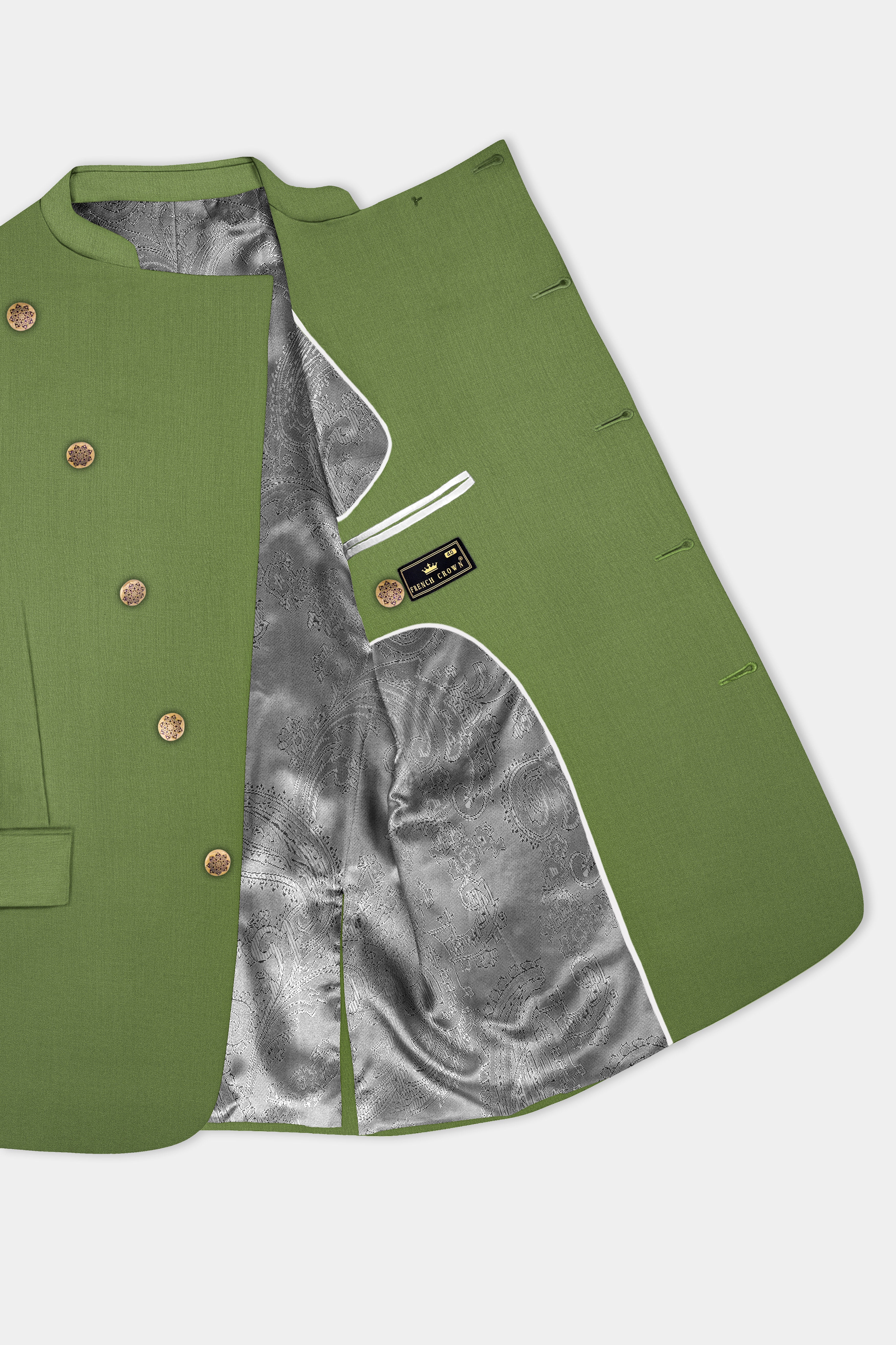 Sage Regal-Dingley Green Solid Wool Rich Cross Placket Bandhgala Slight Stretch Blazer