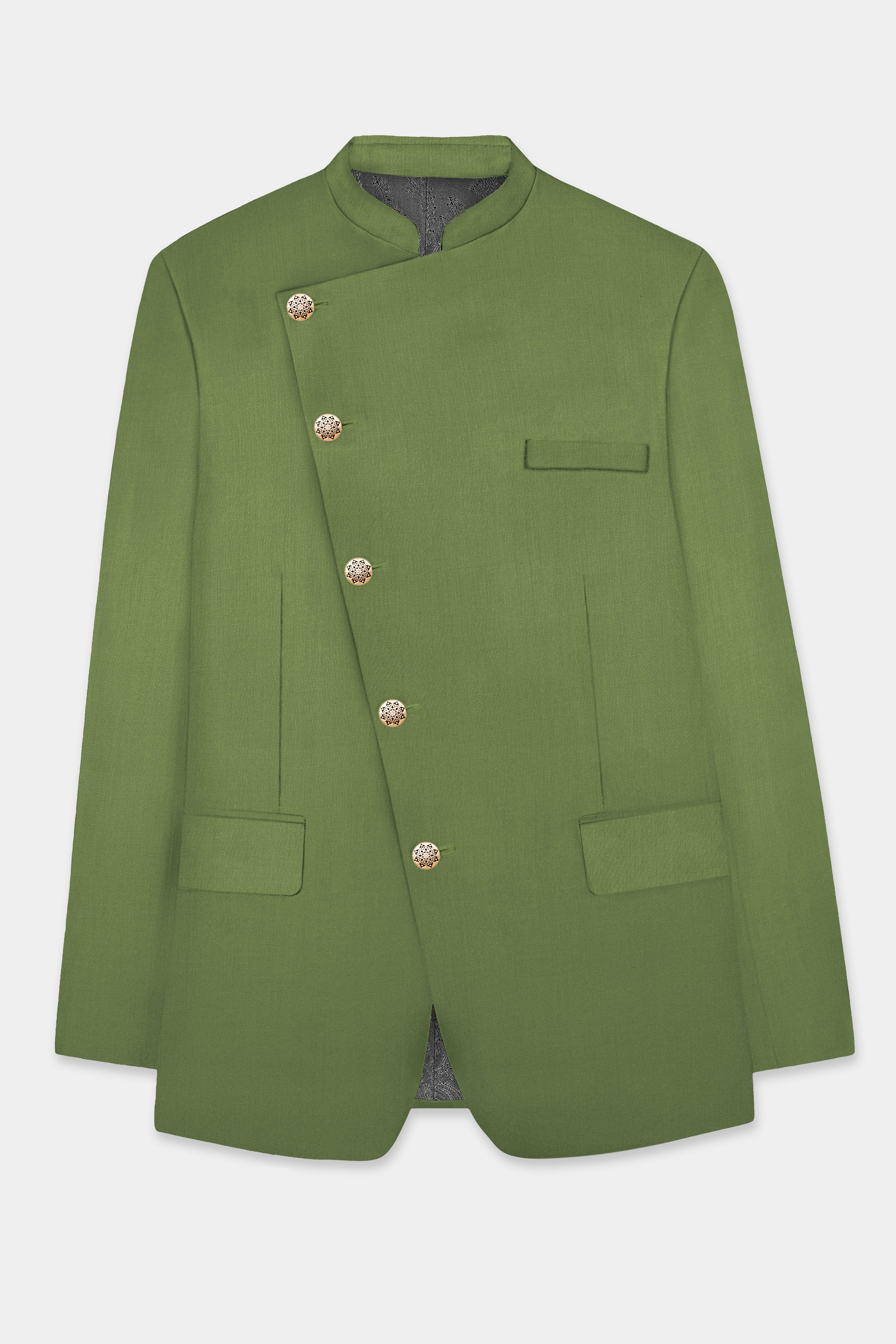 Sage Regal-Dingley Green Solid Wool Rich Cross Placket Bandhgala Slight Stretch Blazer
