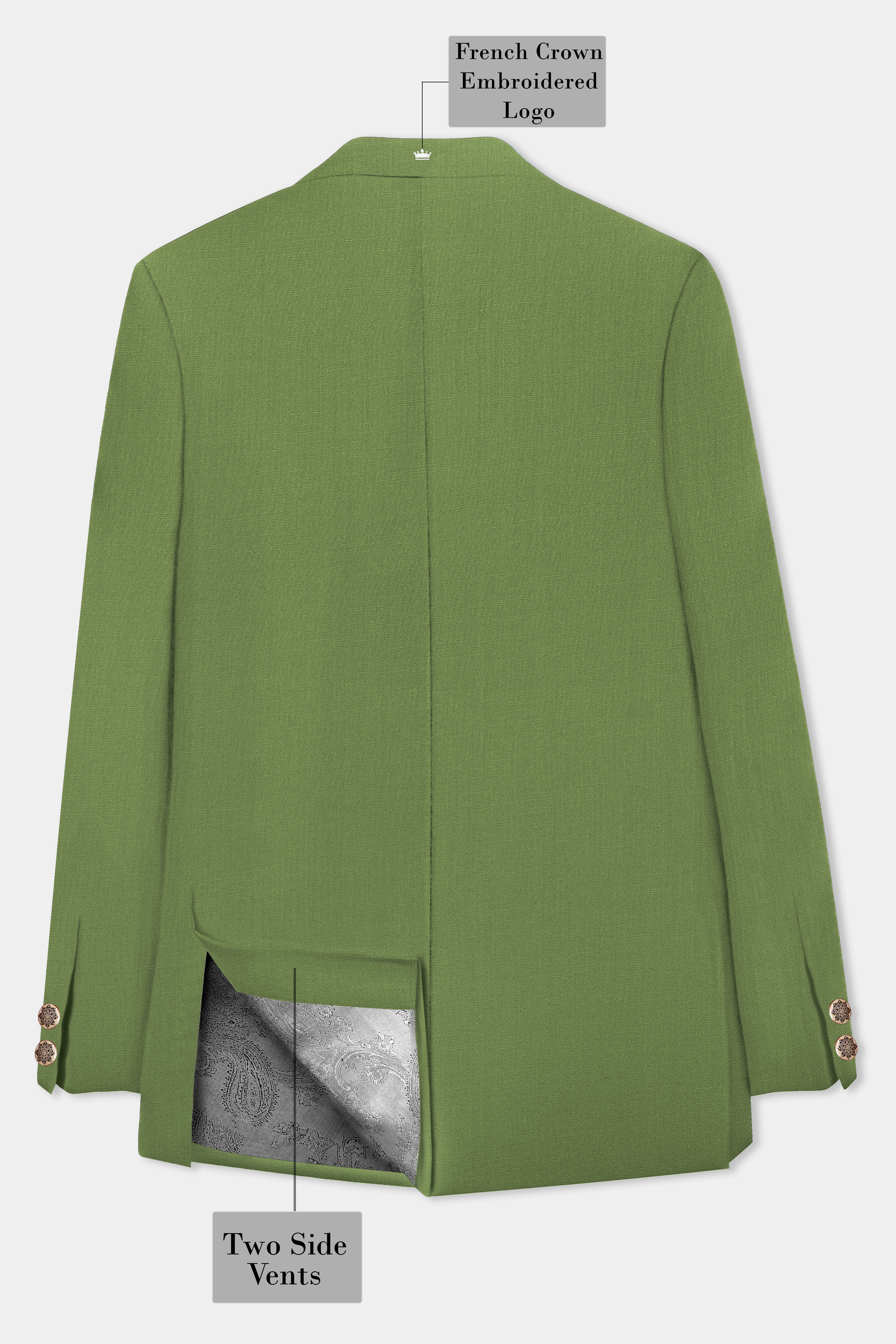 Sage Regal-Dingley Green Solid Wool Rich Cross Placket Bandhgala Slight Stretch Blazer