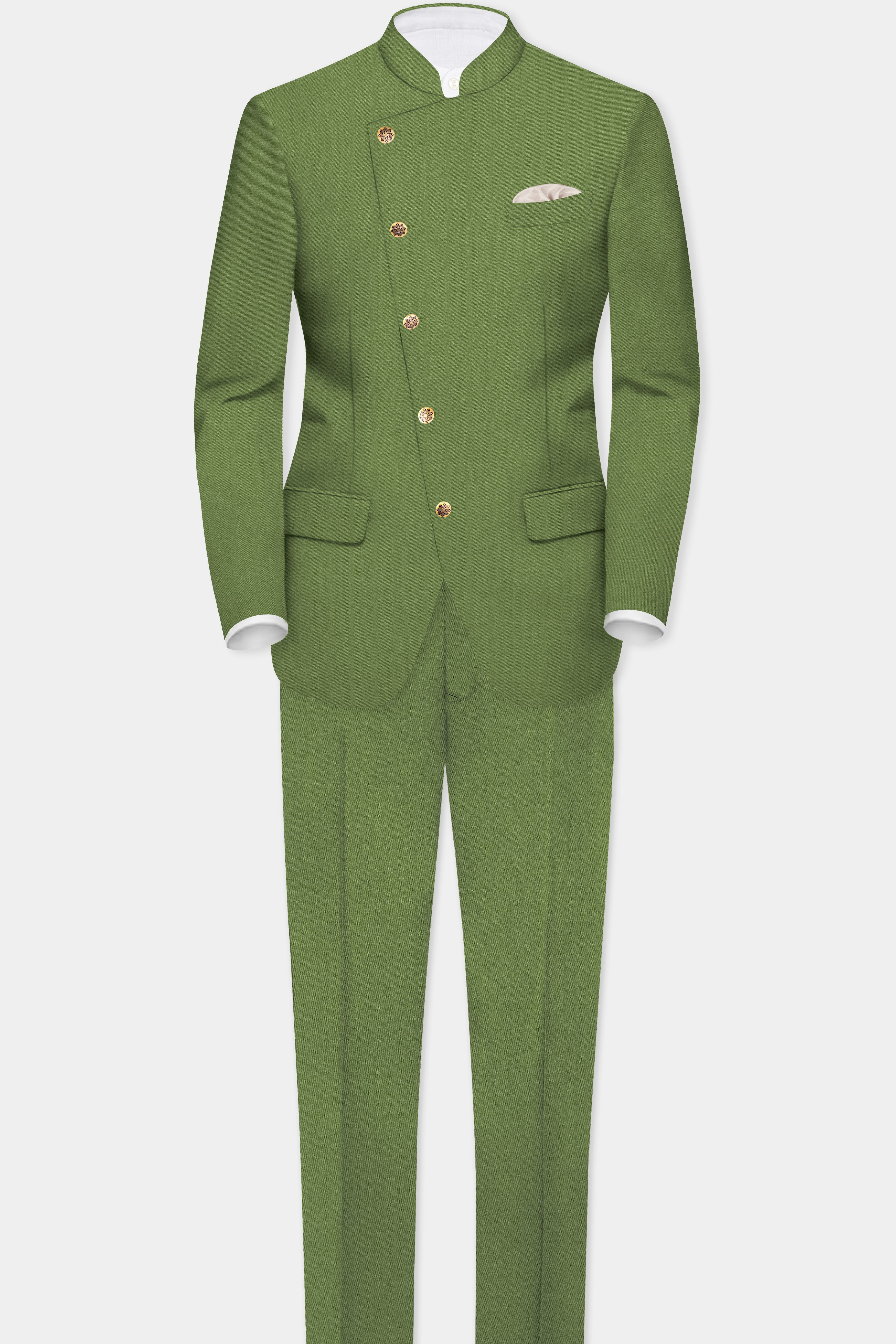 Sage Regal-Dingley Green Solid Wool Rich Cross Placket Bandhgala Slight Stretch Blazer