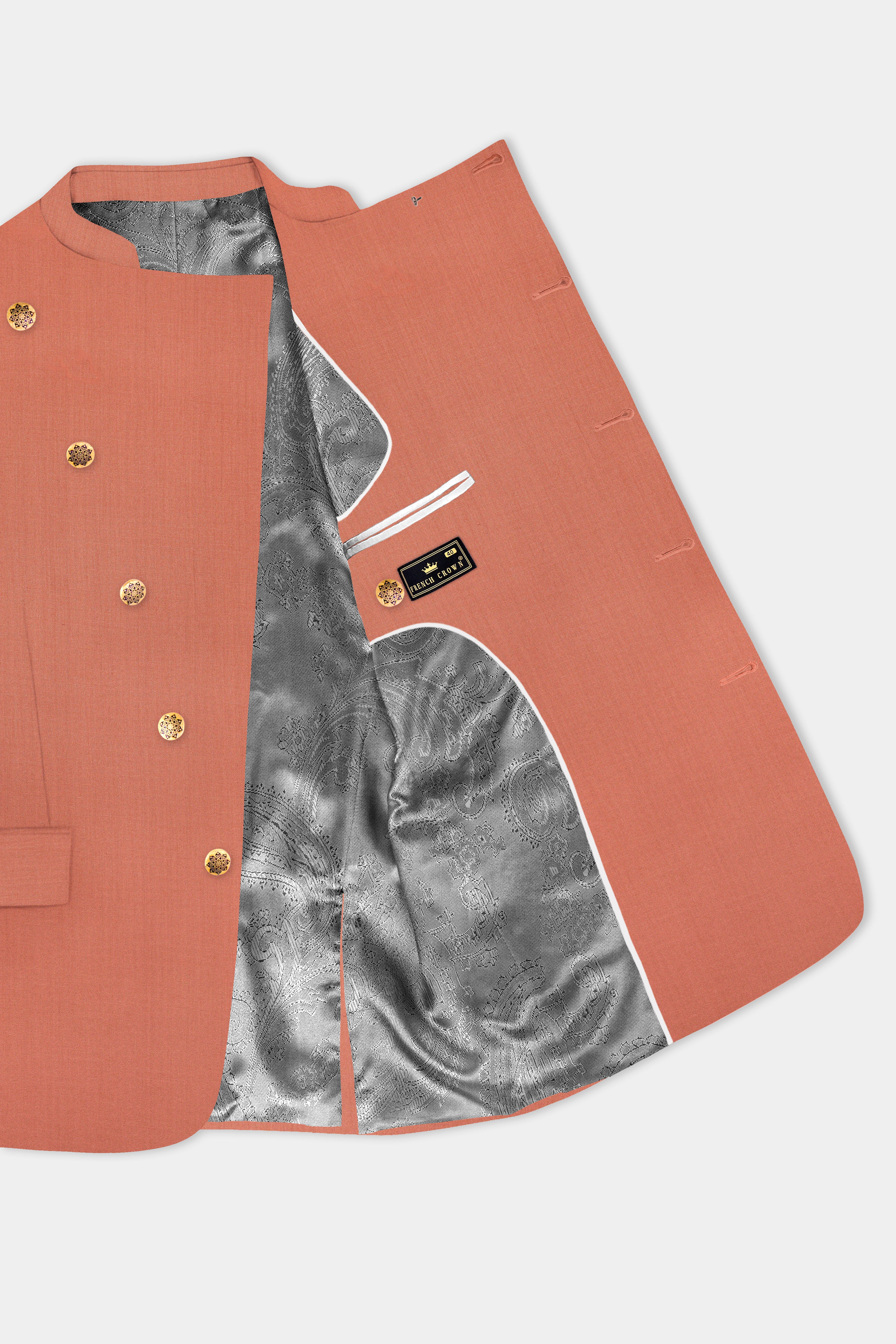 Spiced Sunset-Salmon Orange Solid Wool Rich Cross Placket Bandhgala Slight Stretch Blazer