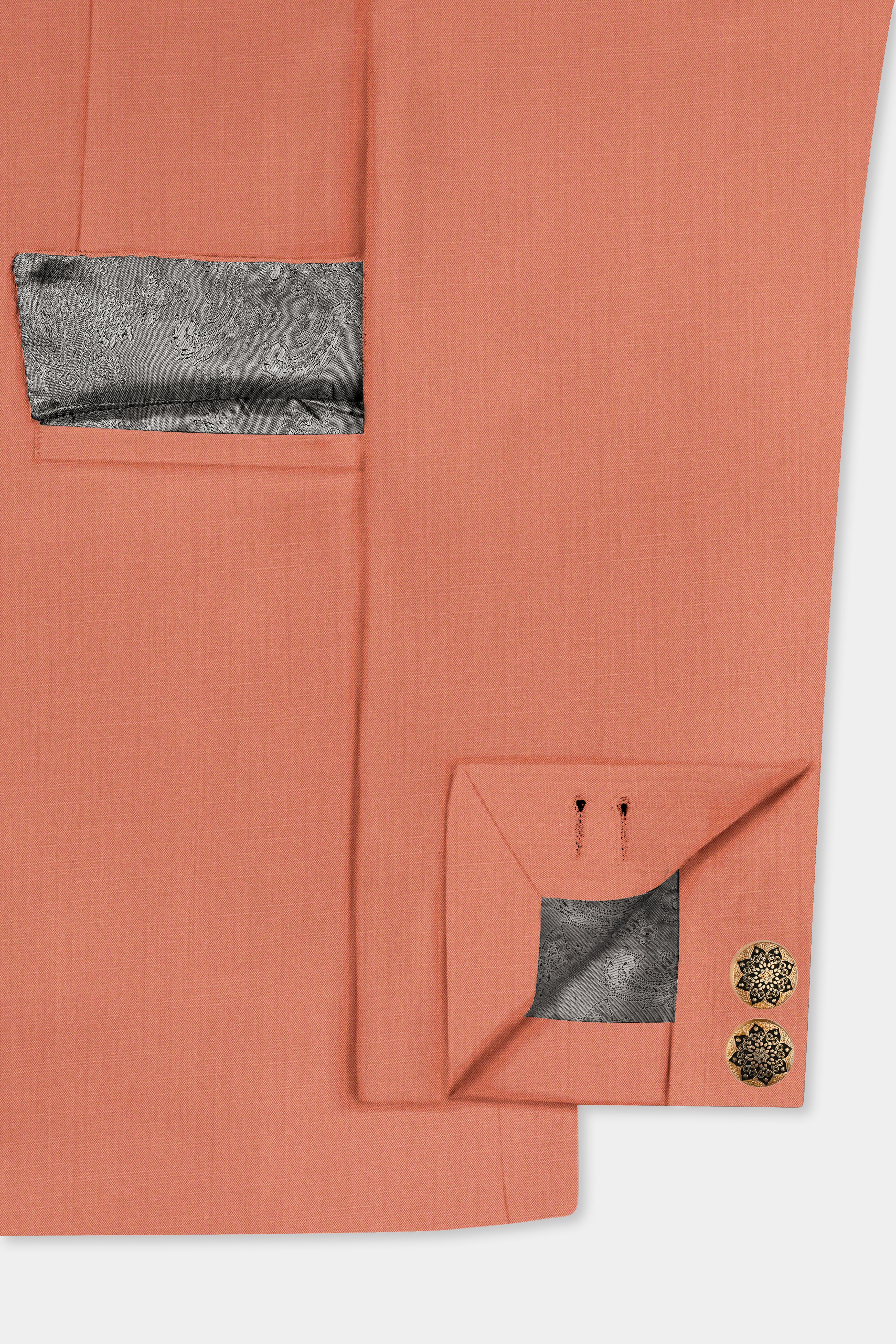 Spiced Sunset-Salmon Orange Solid Wool Rich Cross Placket Bandhgala Slight Stretch Blazer