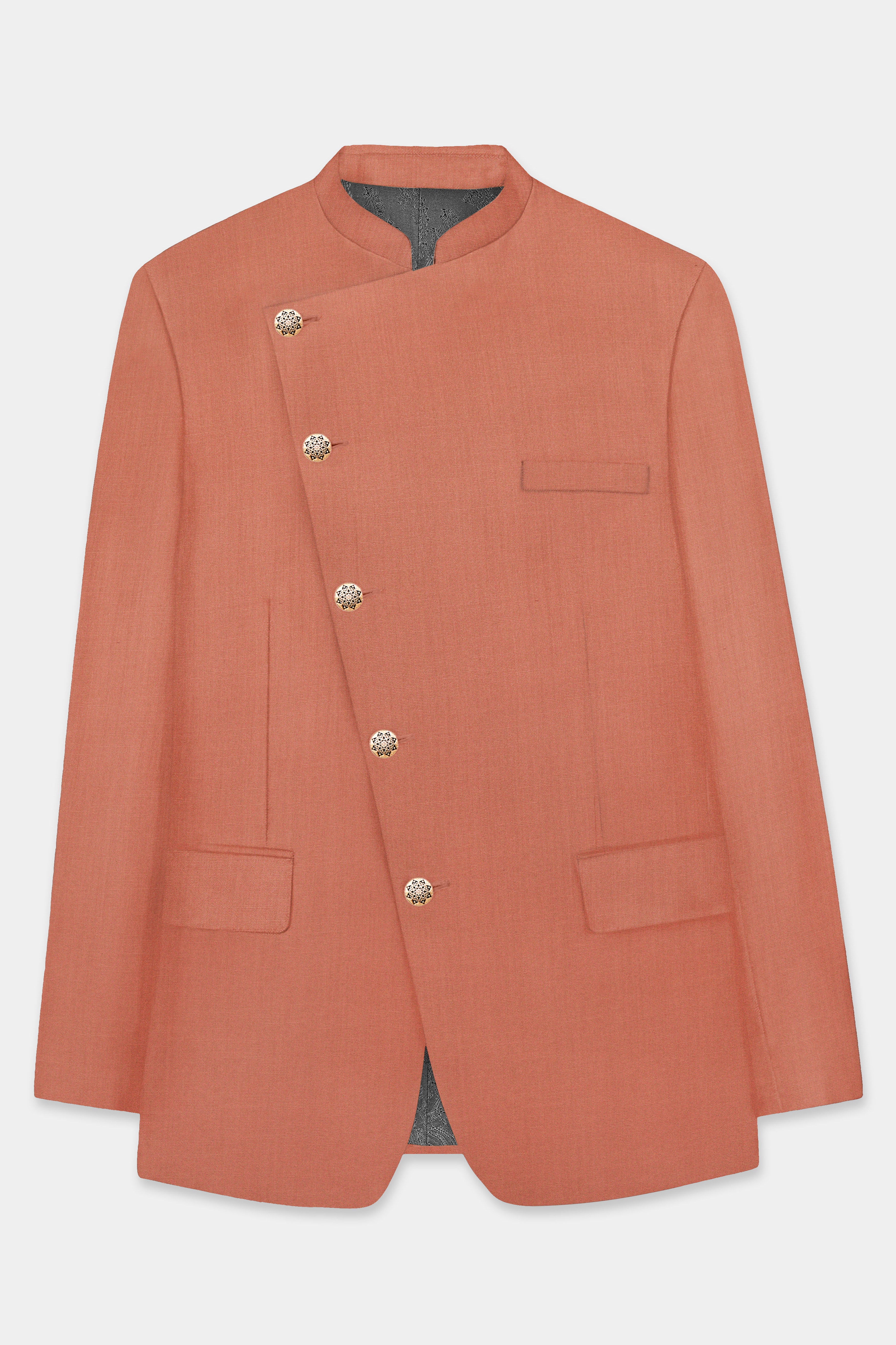 Spiced Sunset-Salmon Orange Solid Wool Rich Cross Placket Bandhgala Slight Stretch Blazer