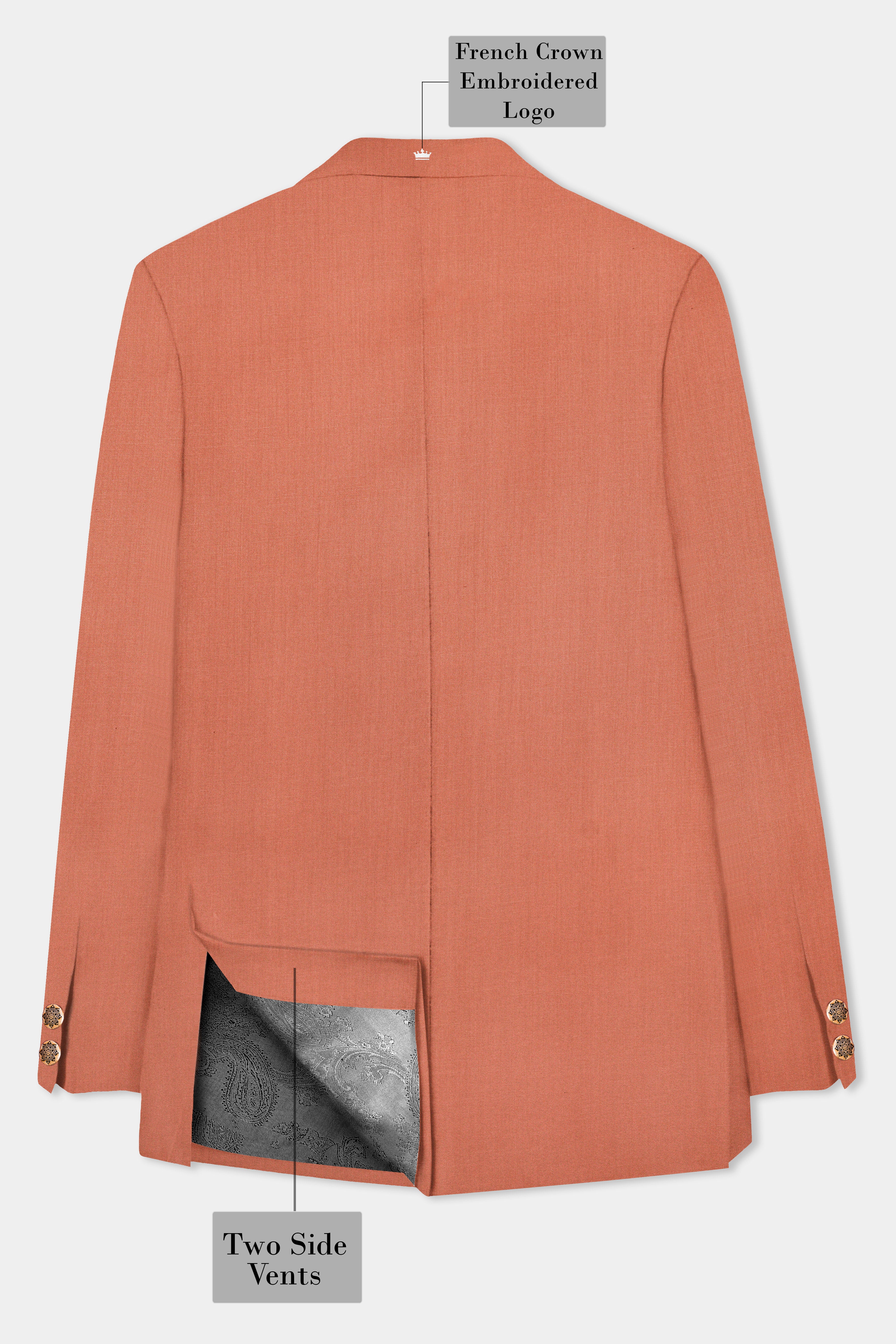Spiced Sunset-Salmon Orange Solid Wool Rich Cross Placket Bandhgala Slight Stretch Blazer