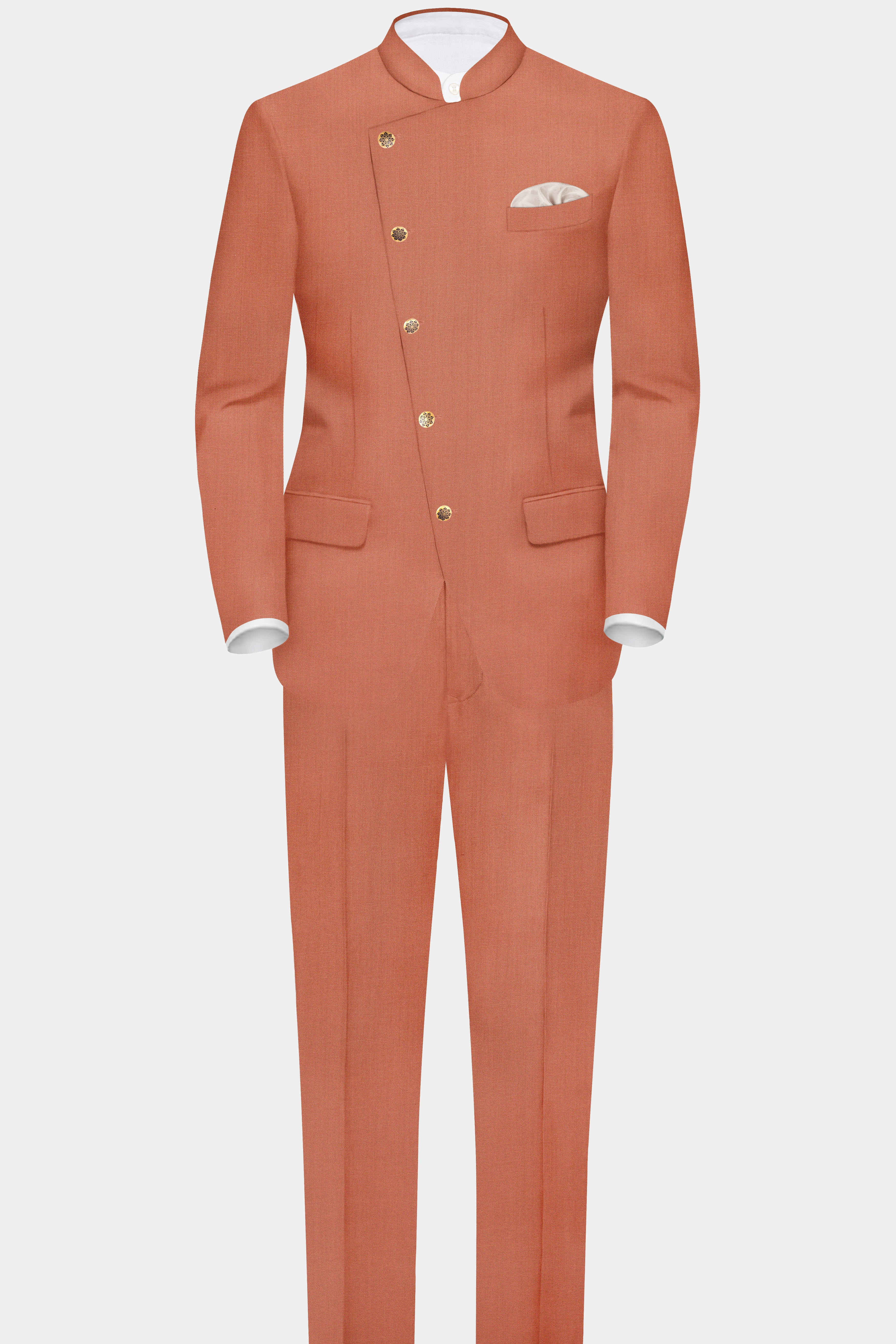 Spiced Sunset-Salmon Orange Solid Wool Rich Cross Placket Bandhgala Slight Stretch Blazer