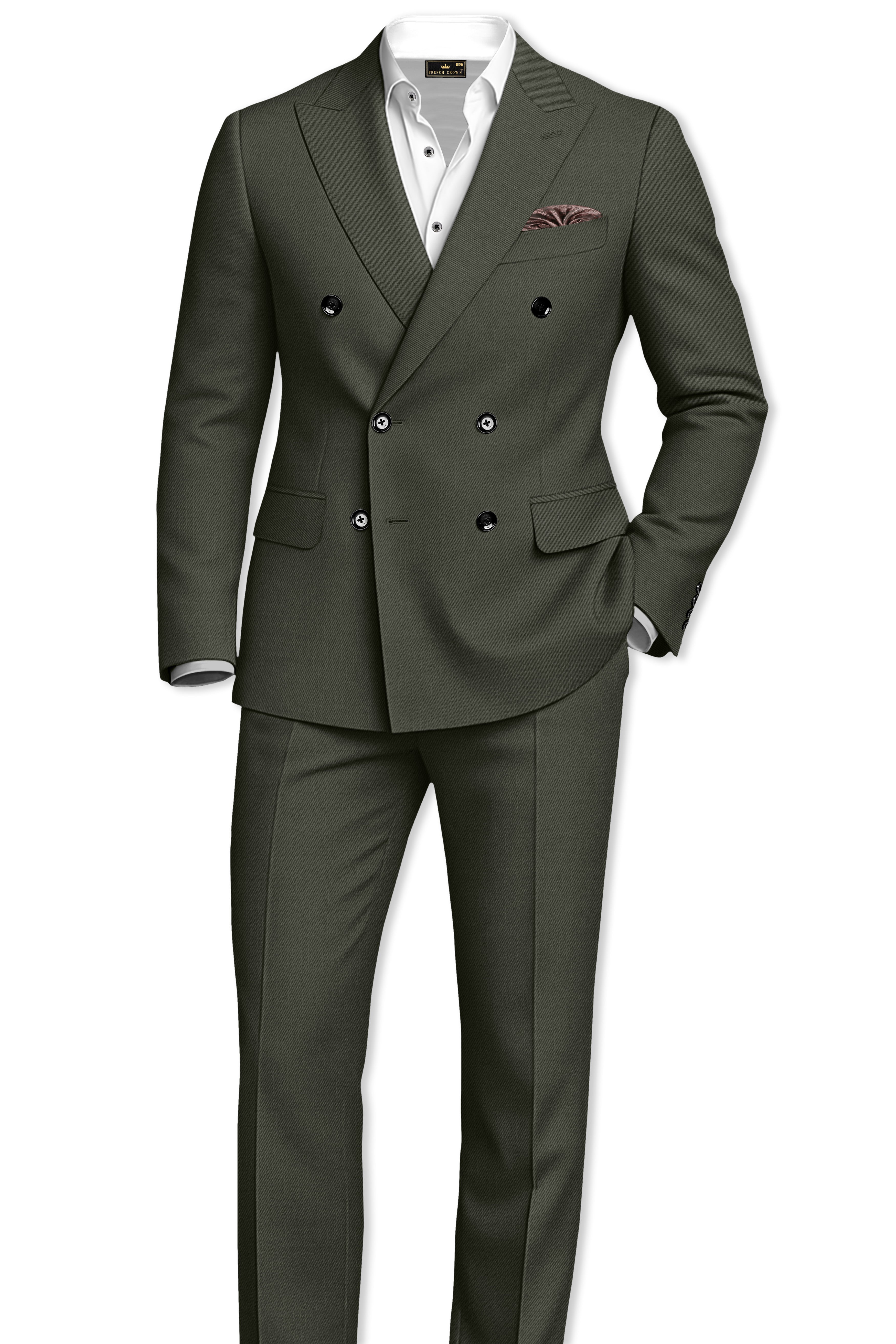 Verdant Majesty-Juniper Green Solid Wool Rich Double Breasted Slight Stretch Blazer
