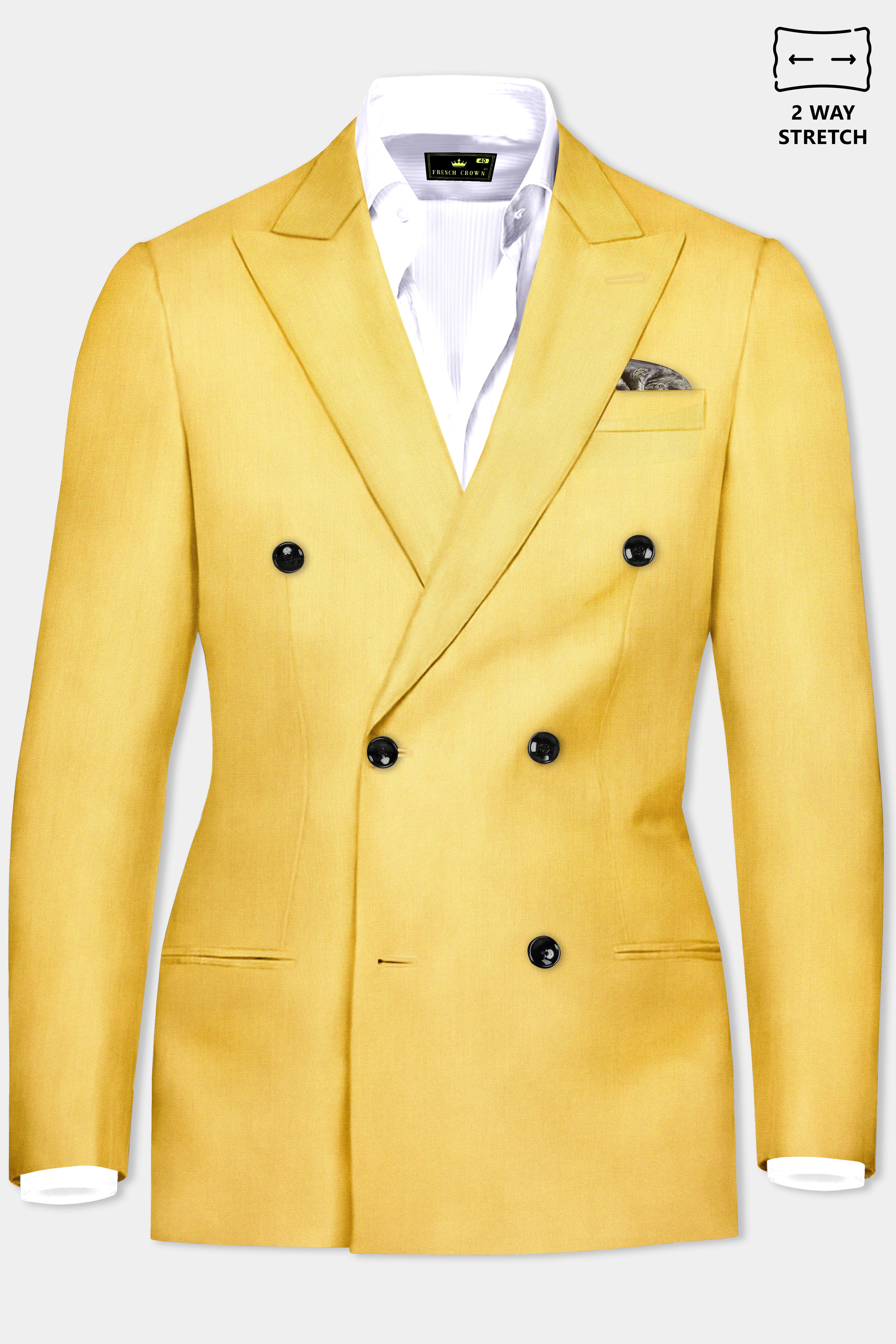 Saffron Elegance-Lemon Yellow Solid Wool Rich Double Breasted Slight Stretch Blazer