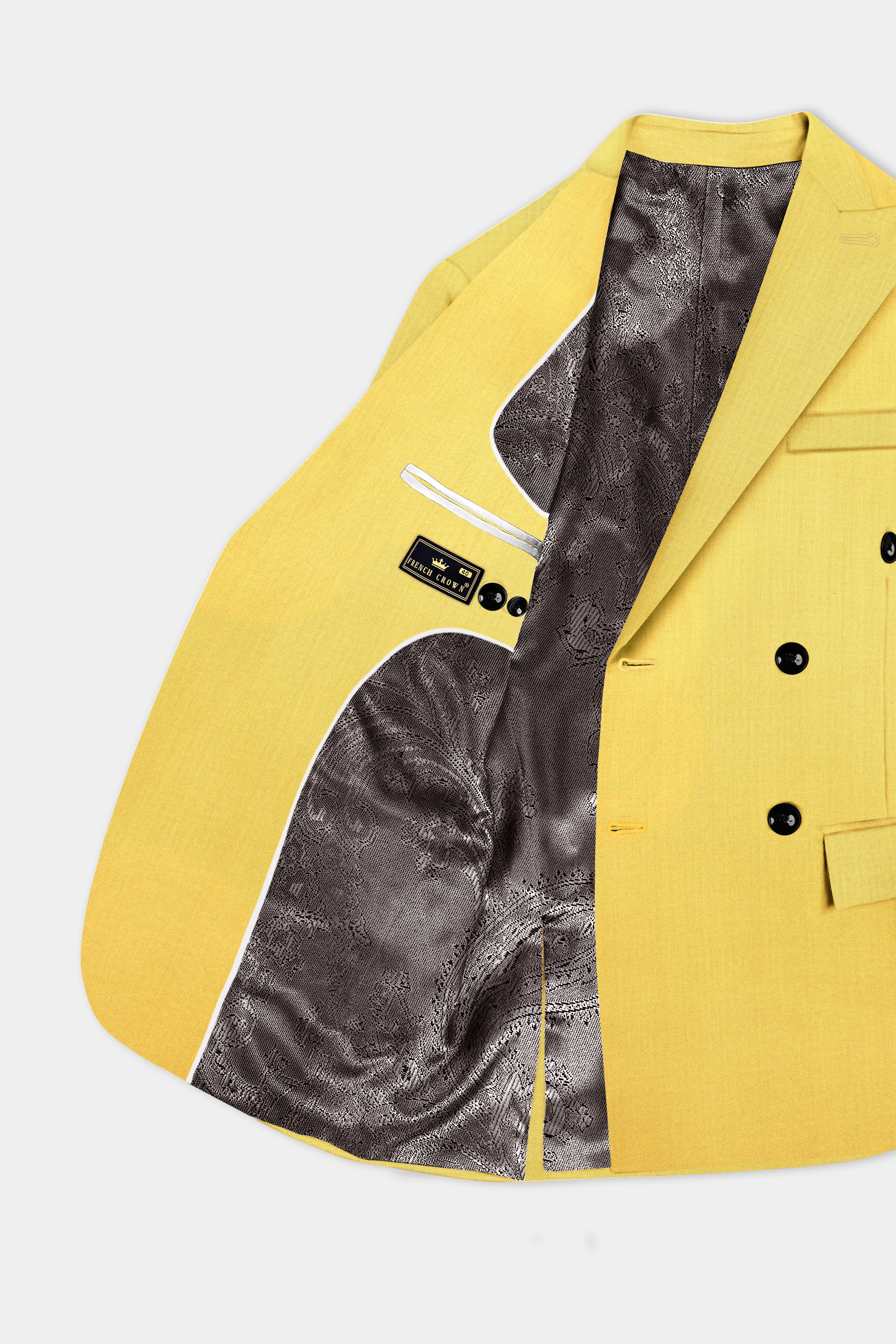 Saffron Elegance-Lemon Yellow Solid Wool Rich Double Breasted Slight Stretch Blazer