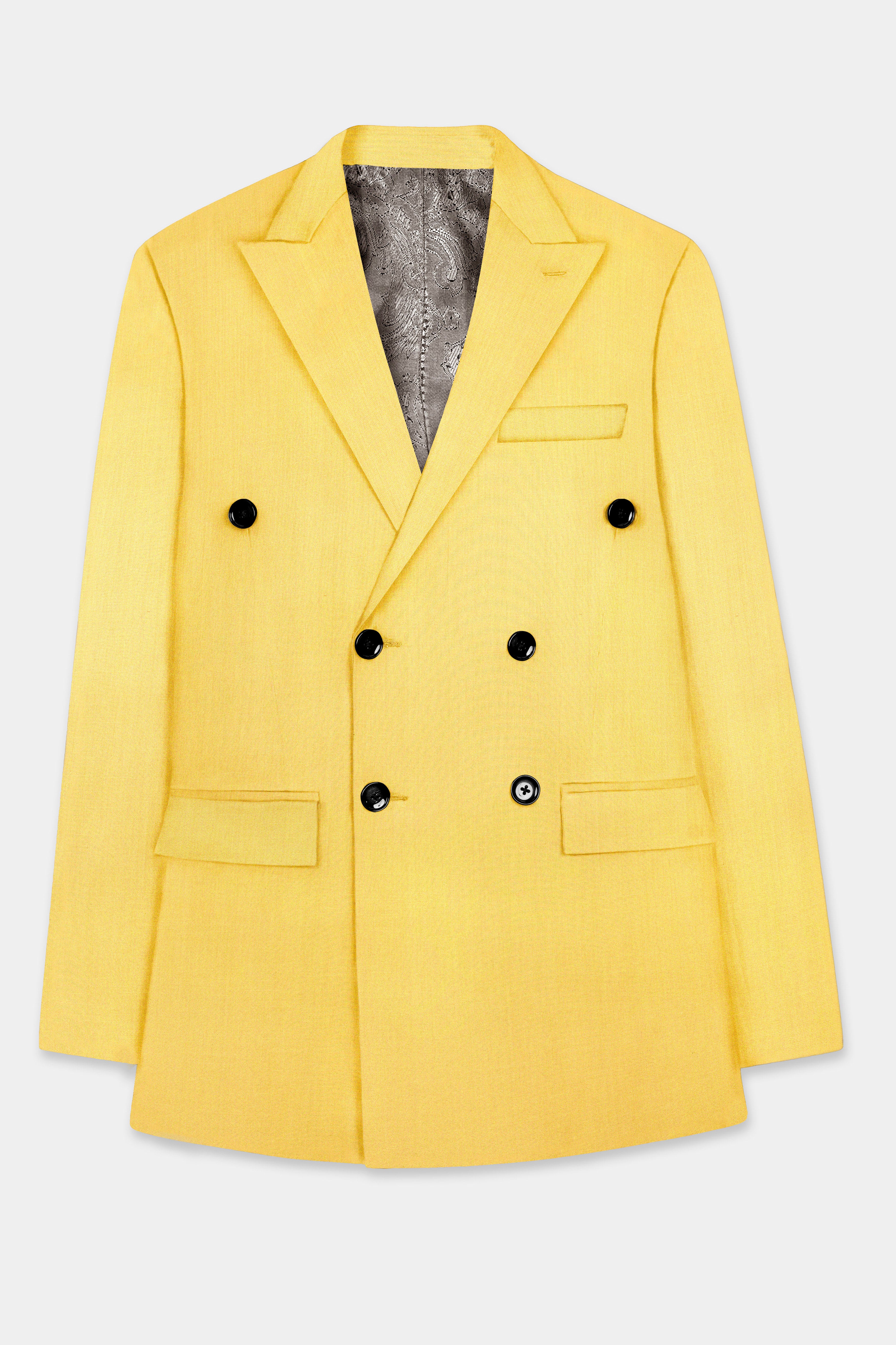 Saffron Elegance-Lemon Yellow Solid Wool Rich Double Breasted Slight Stretch Blazer