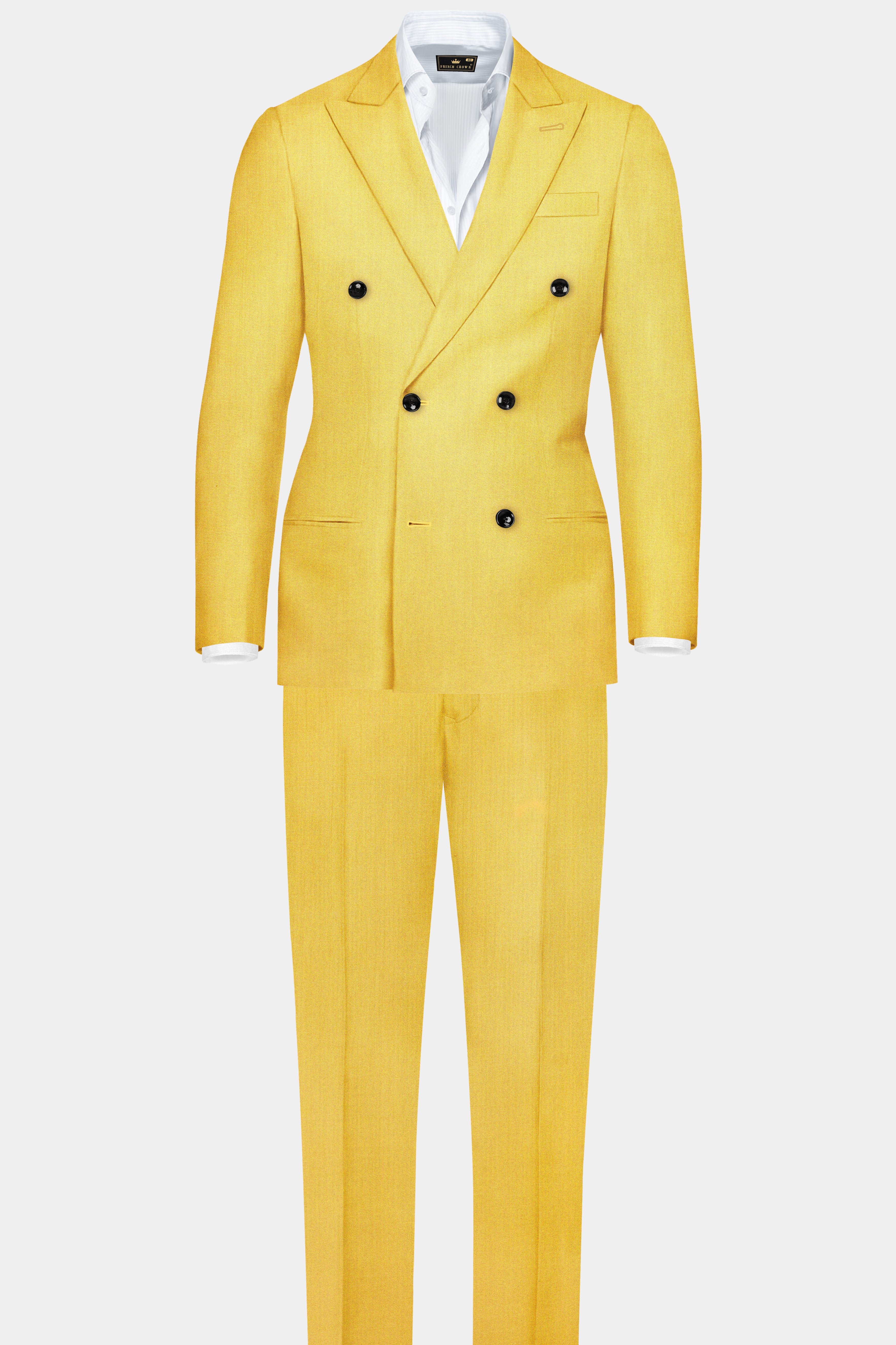 Saffron Elegance-Lemon Yellow Solid Wool Rich Double Breasted Slight Stretch Blazer