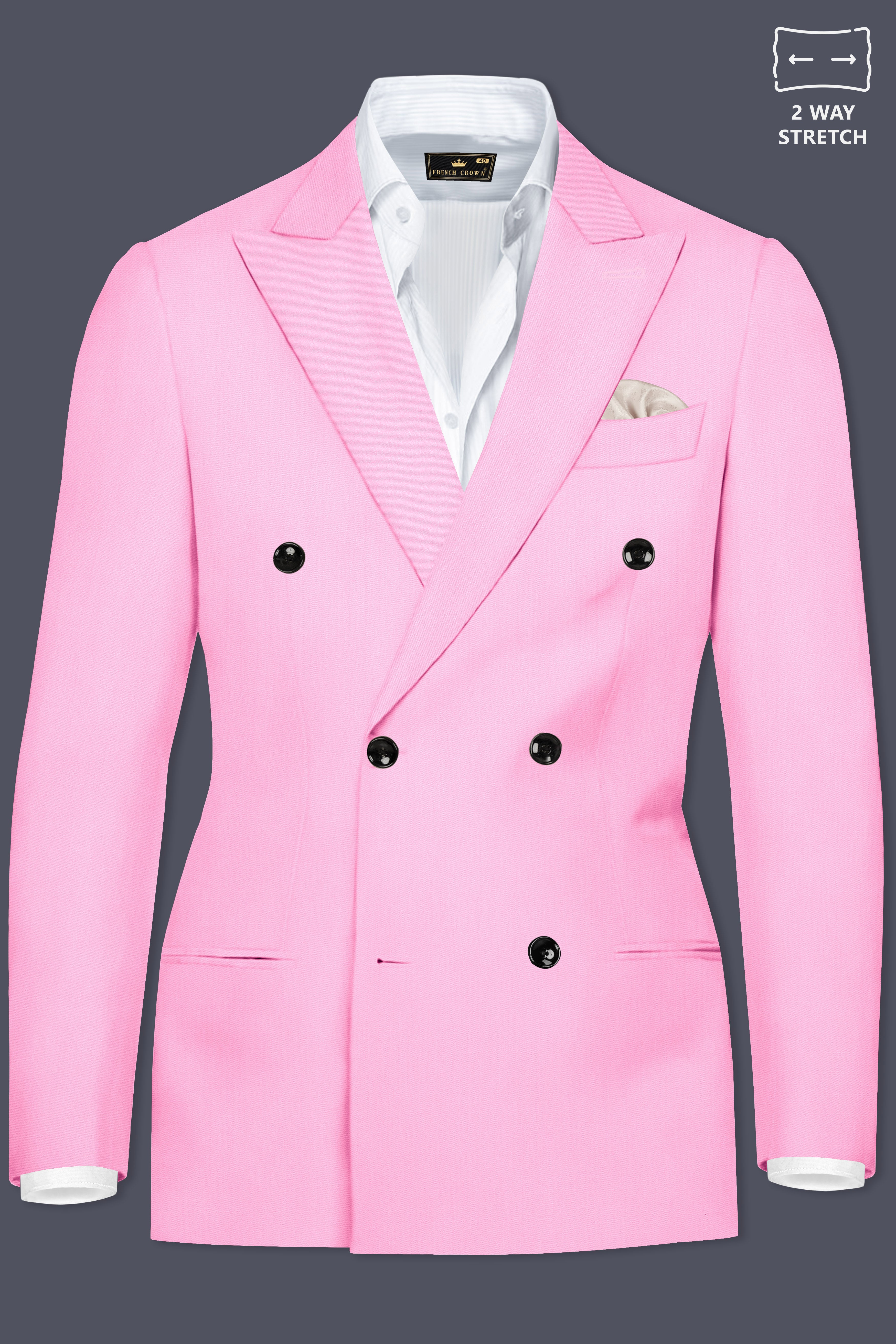 Rosé Reverie-Pestel Pink Solid Wool Rich Double Breasted Slight Stretch Blazer