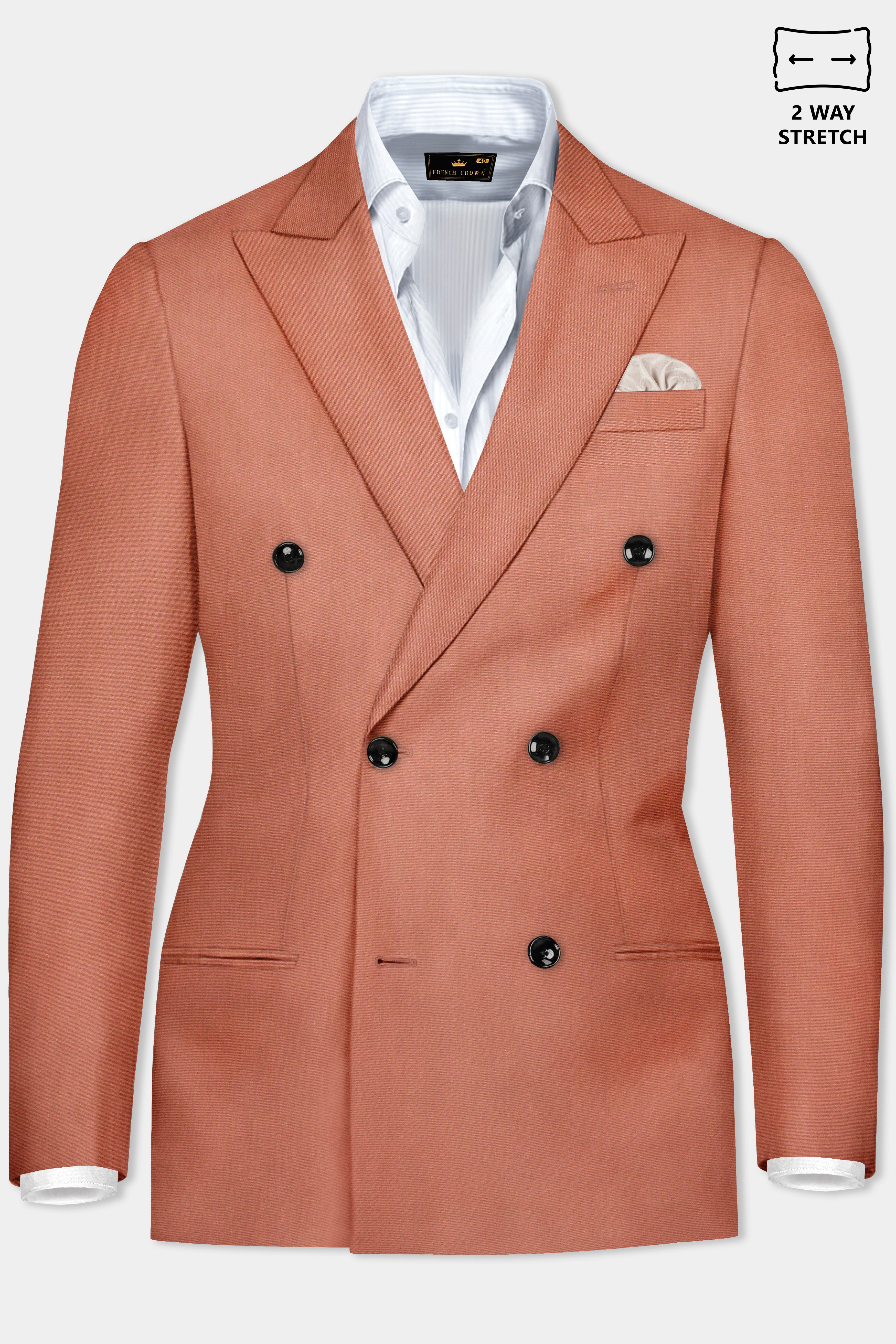 Spiced Sunset-Salmon Orange Solid Wool Rich Double Breasted Slight Stretch Blazer