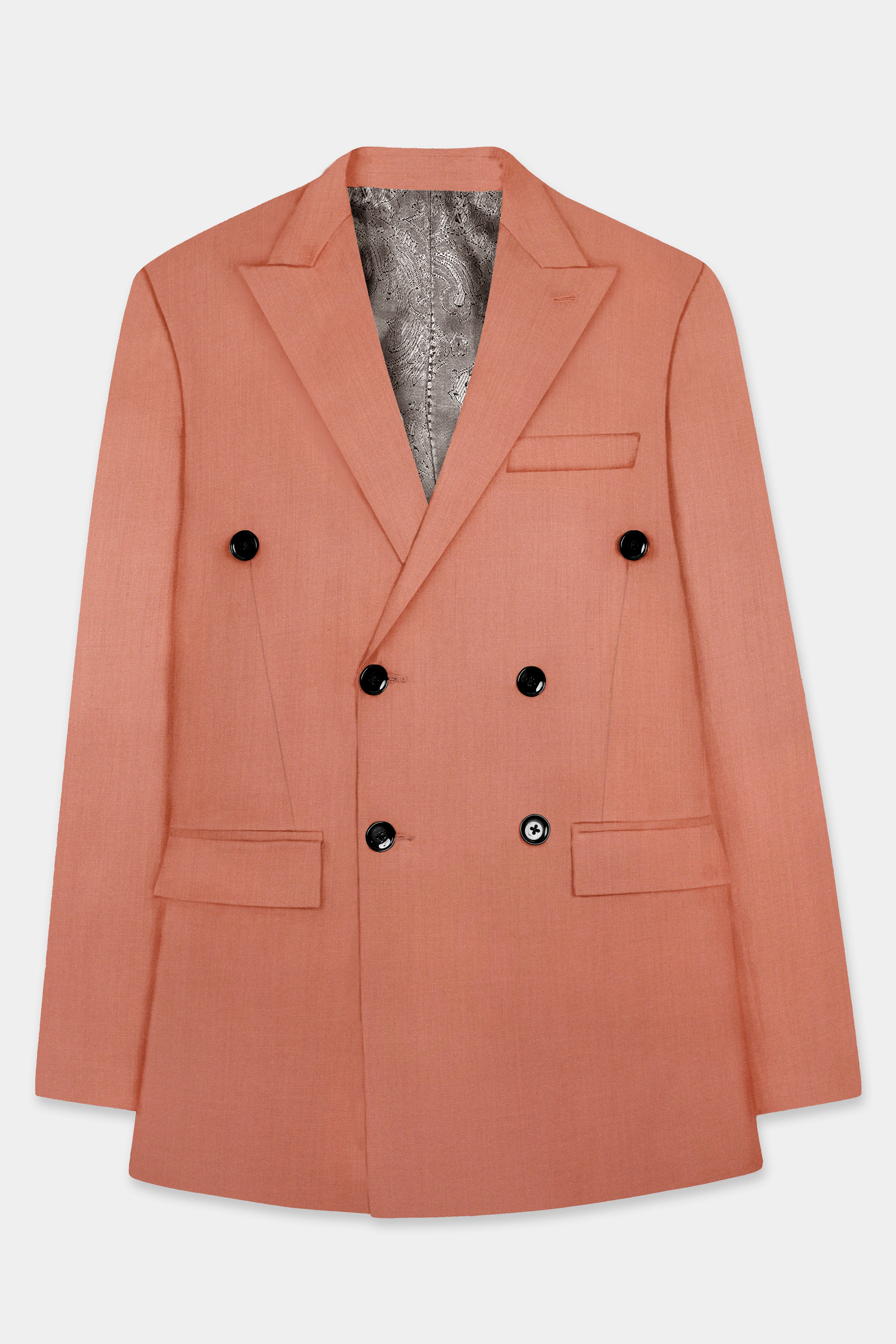 Spiced Sunset-Salmon Orange Solid Wool Rich Double Breasted Slight Stretch Blazer