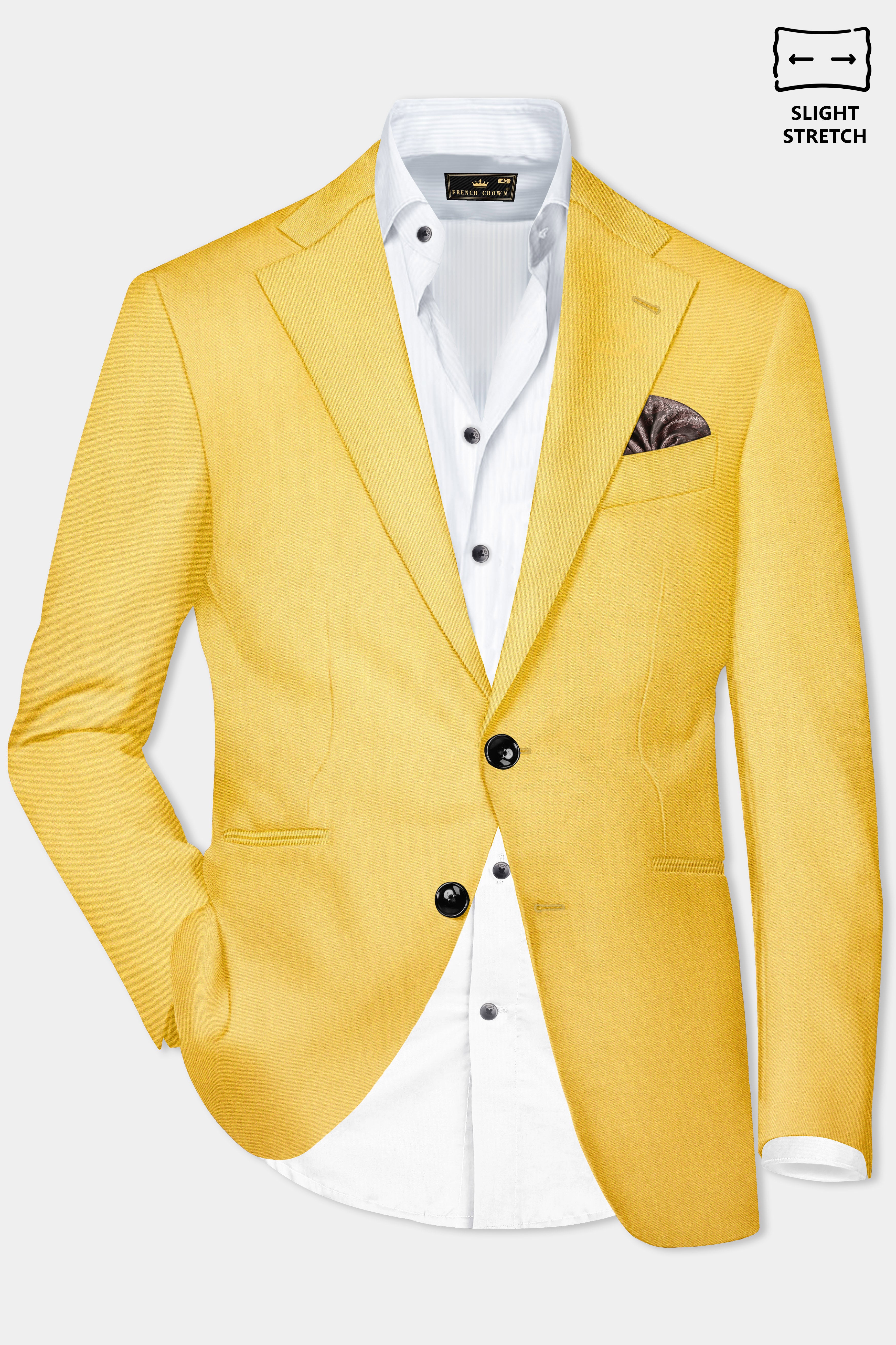 Saffron Elegance-Lemon Yellow Solid Wool Rich Single Breasted Slight Stretch Blazer