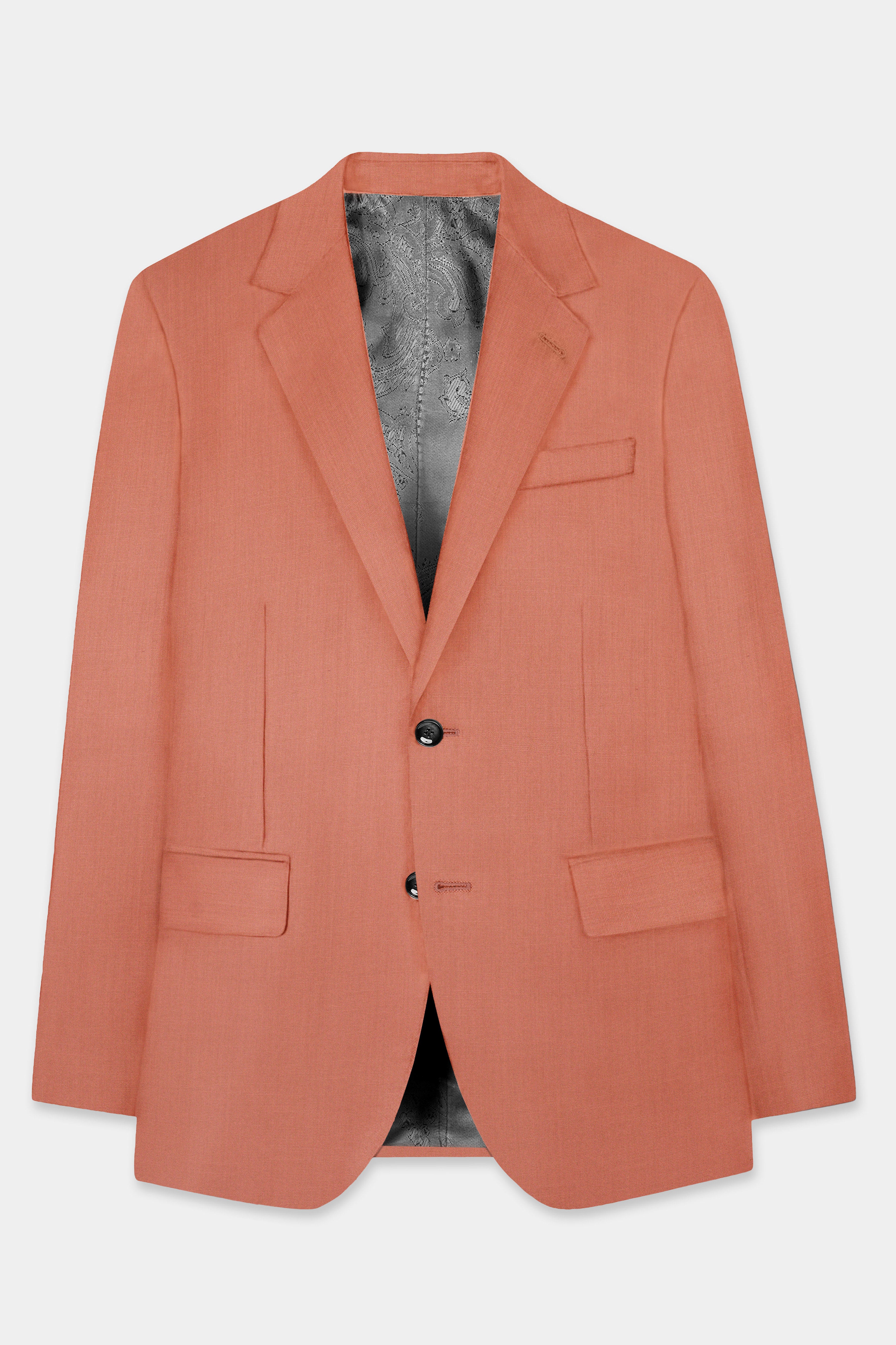 Spiced Sunset-Salmon Orange Solid Wool Rich Single Breasted Slight Stretch Blazer