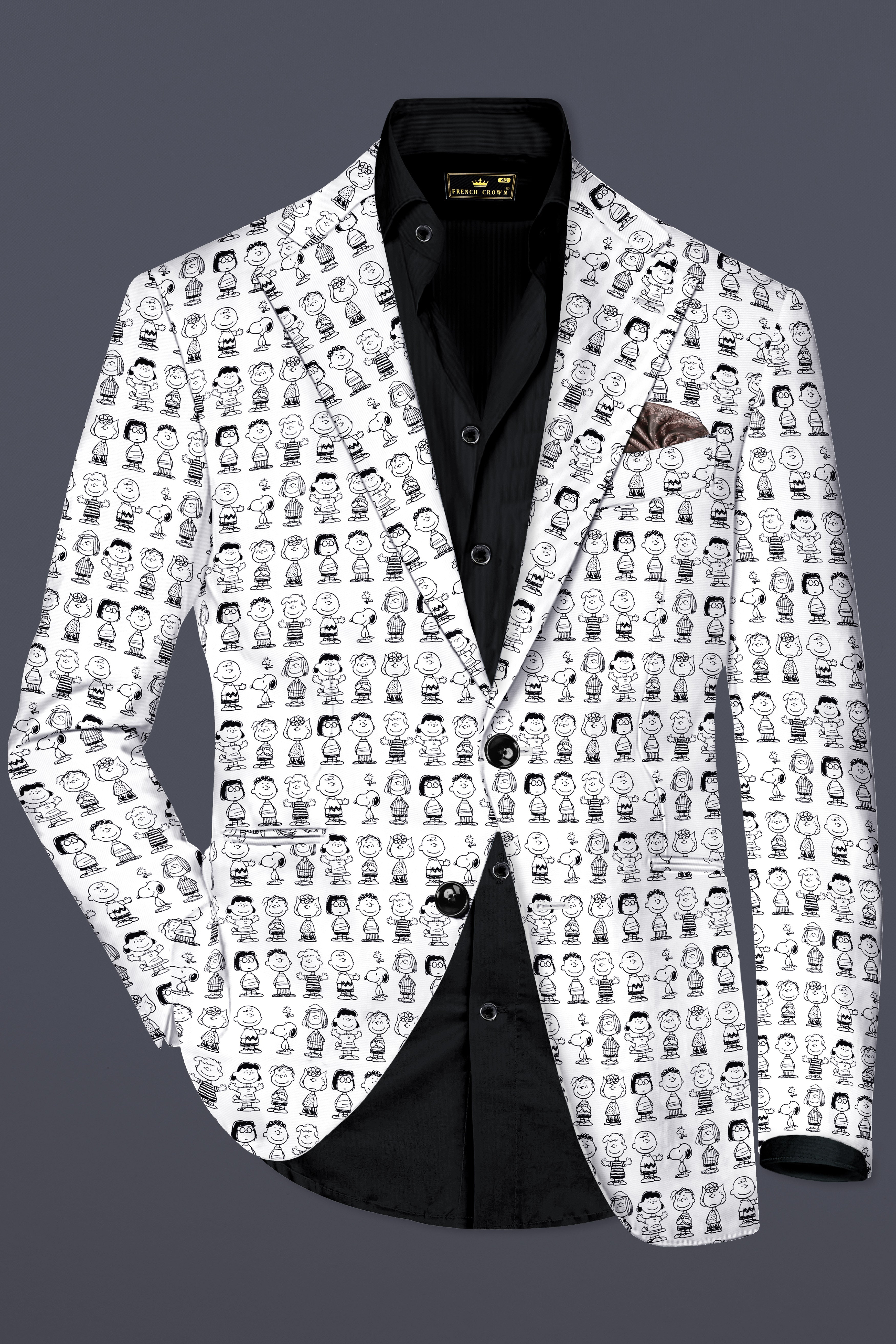 Doodle Luxe-Bright White Cartoon Clipart Printed Cotton Single Breasted Blazer